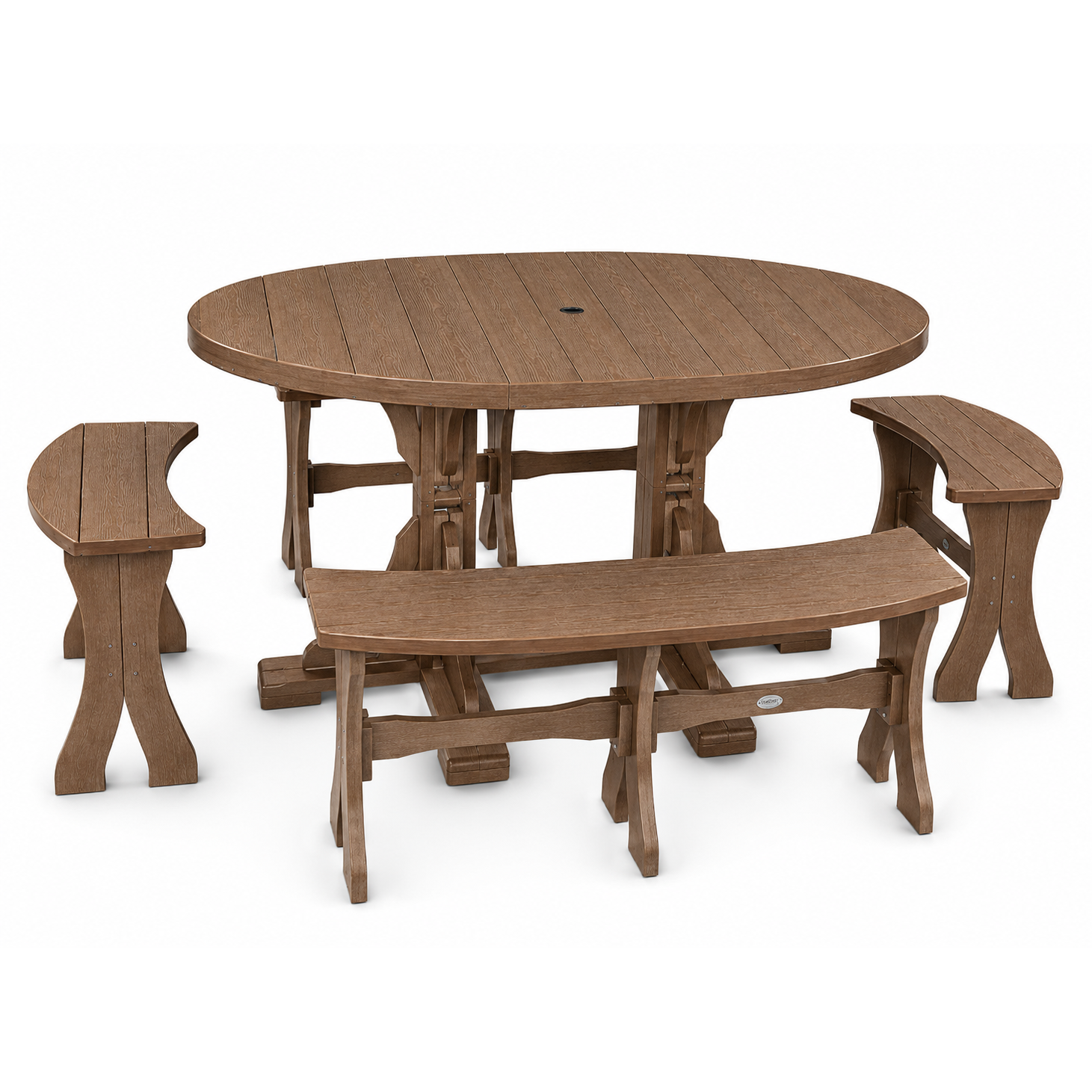 An outdoor dining set consisting of a round wooden table and three matching bench seats, shown on a plain white background.