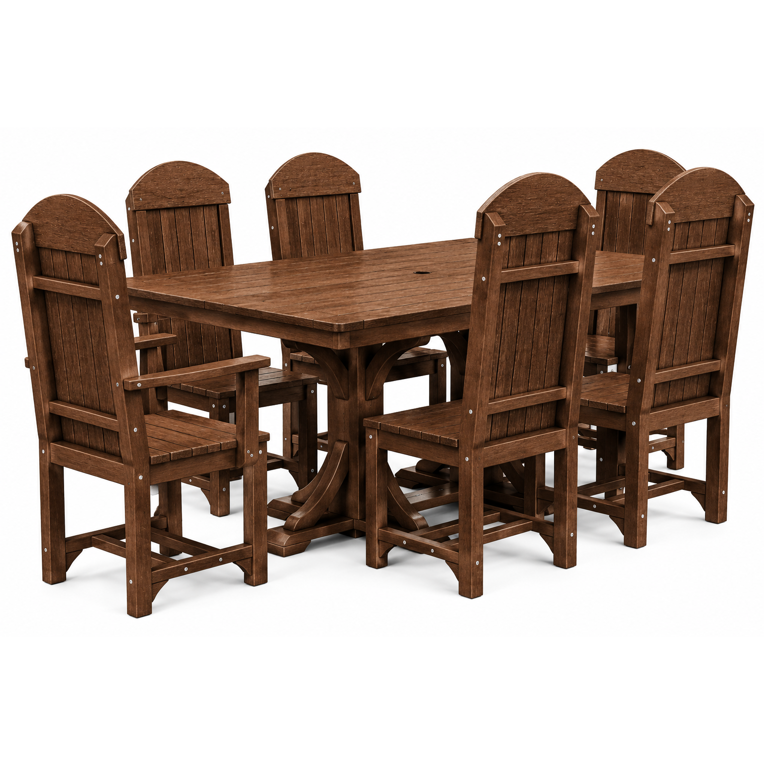 A 7-piece outdoor dining set featuring a rectangular wooden table and six matching high-back chairs with arched backs, shown on a solid white background.