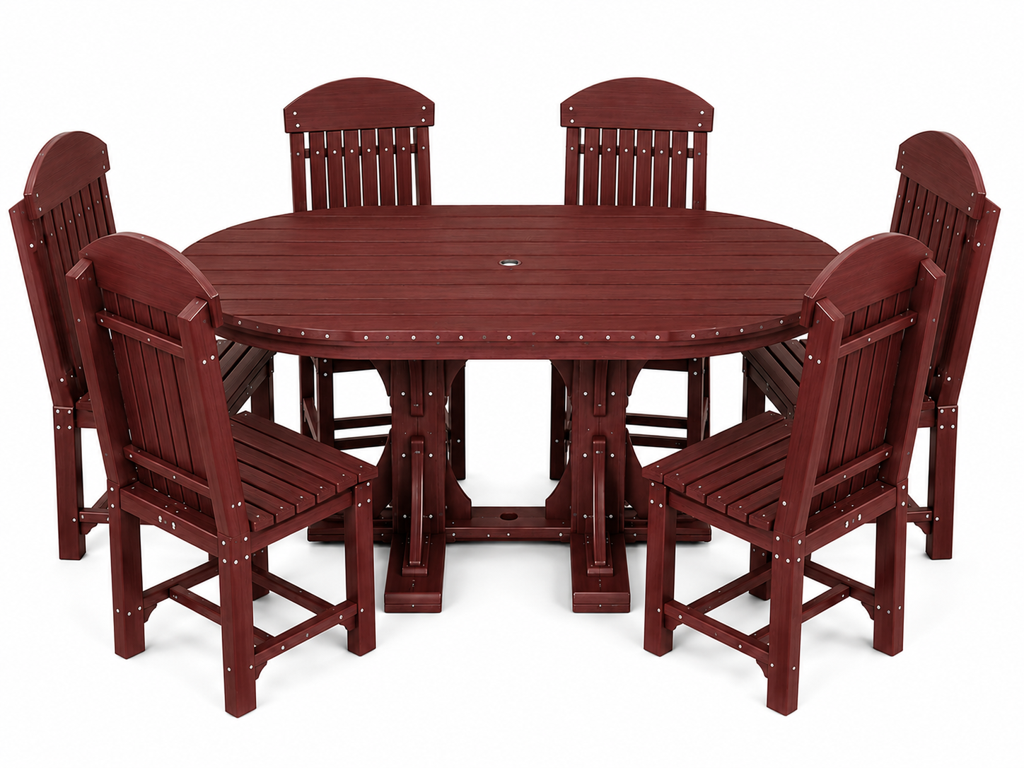 An outdoor dining set consisting of an oval table and six matching slatted chairs in a dark reddish-brown finish, shown on a plain white background.