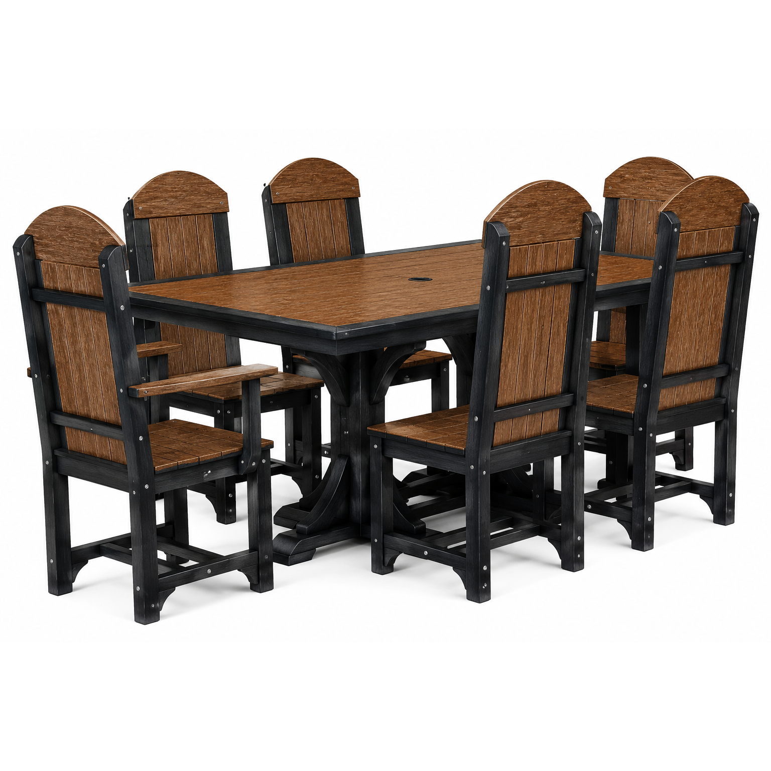 A 7-piece outdoor dining set featuring a rectangular table and six matching high-back chairs with a black frame and brown wood-look slats, shown on a white background.