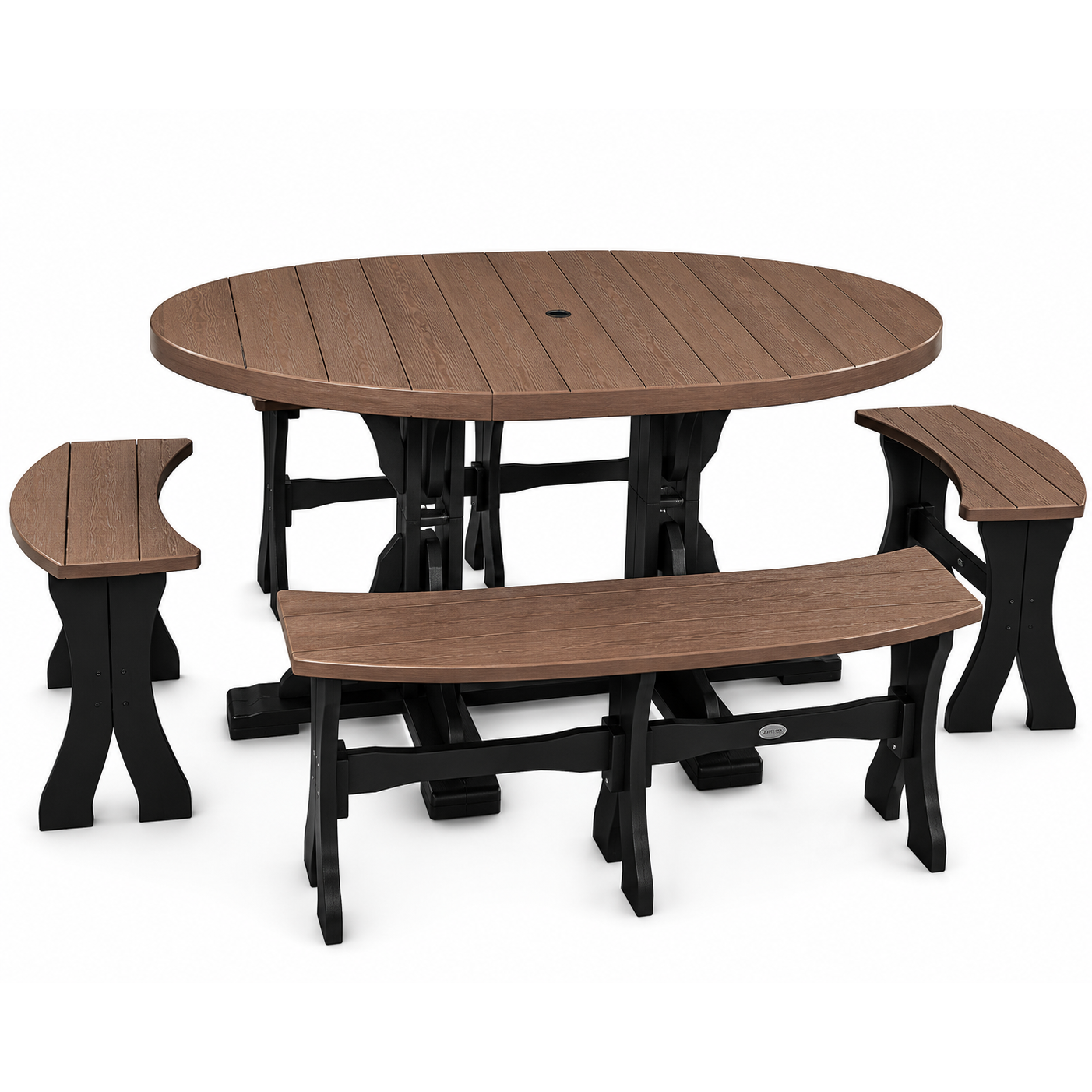An outdoor dining set featuring an oval table and two matching bench seats with brown composite wood-look slats and black metal frames, shown on a white background.