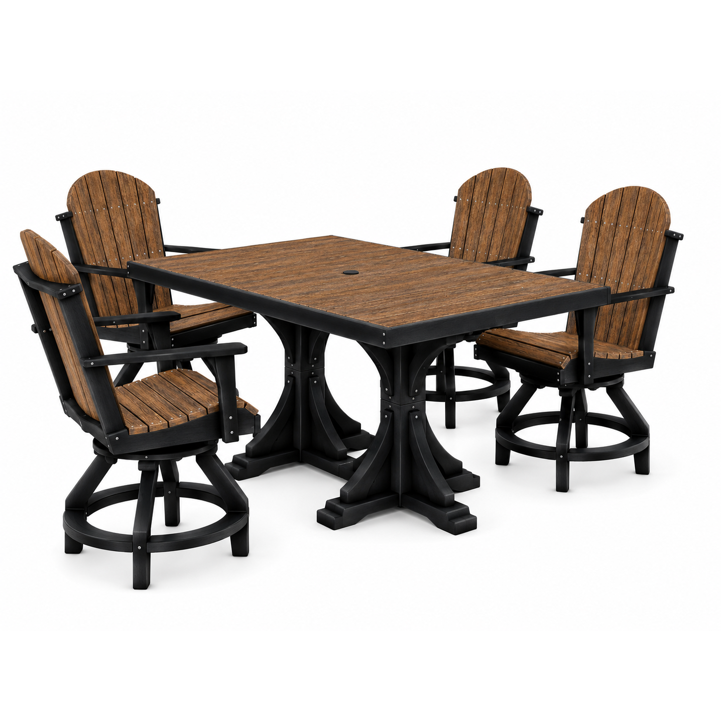 A 5-piece outdoor patio dining set featuring a square dark brown wood-look table with a black metal pedestal base, surrounded by four matching swivel Adirondack-style chairs with brown slatted seats and backs and black frames, shown on a solid white background.