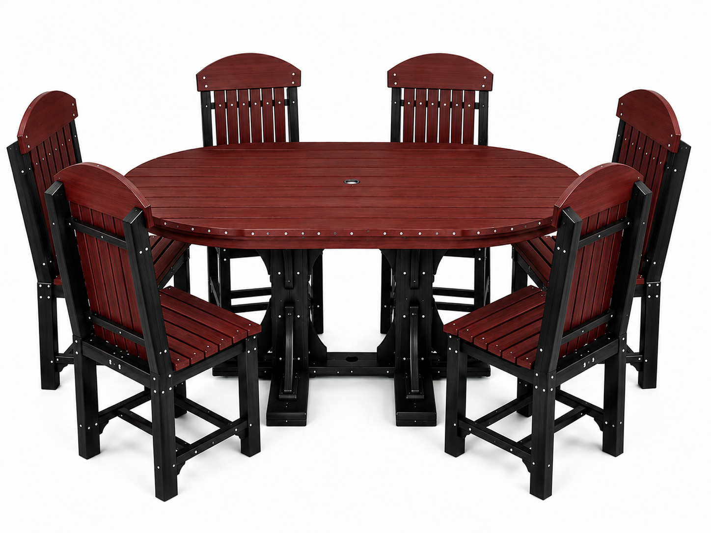 An outdoor dining set consisting of a round reddish-brown slatted table and six matching chairs with black frames and red-brown slatted backs and seats, shown on a white background.