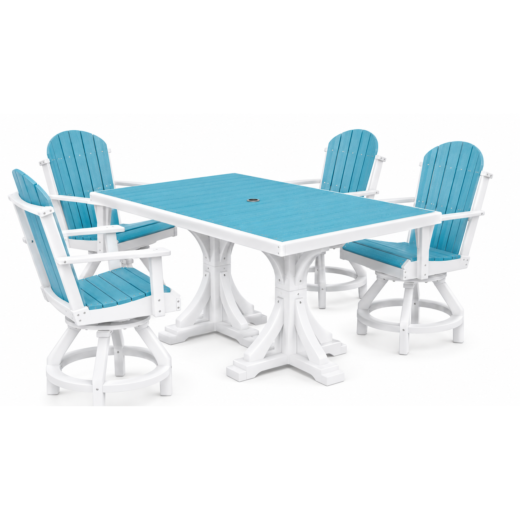 A 5-piece outdoor dining set featuring a square table and four swivel chairs with turquoise blue slatted seats and backs and white frames, shown on a solid white background.