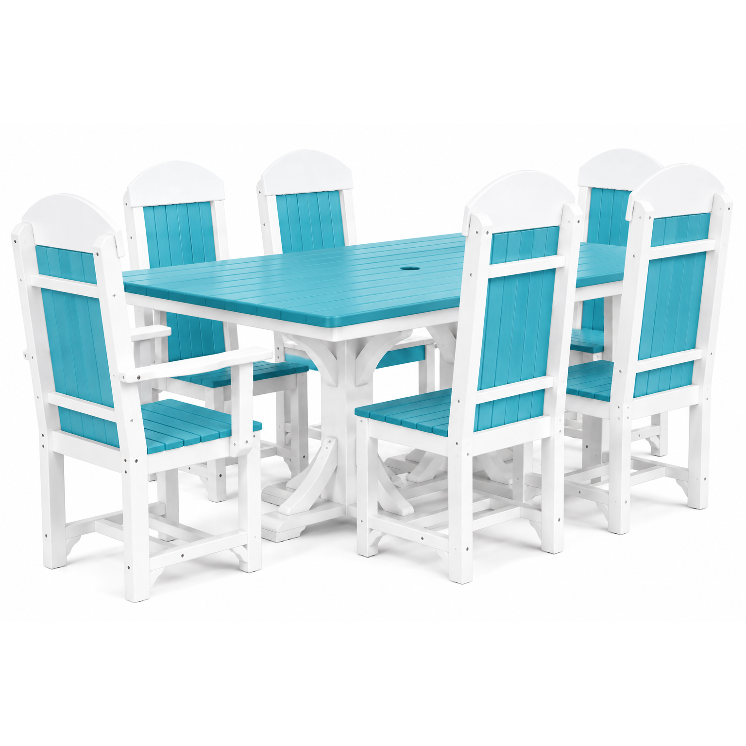 A 7-piece outdoor dining set featuring a rectangular table and six matching high-back chairs with white frames and bright turquoise blue slats, shown on a solid white background.