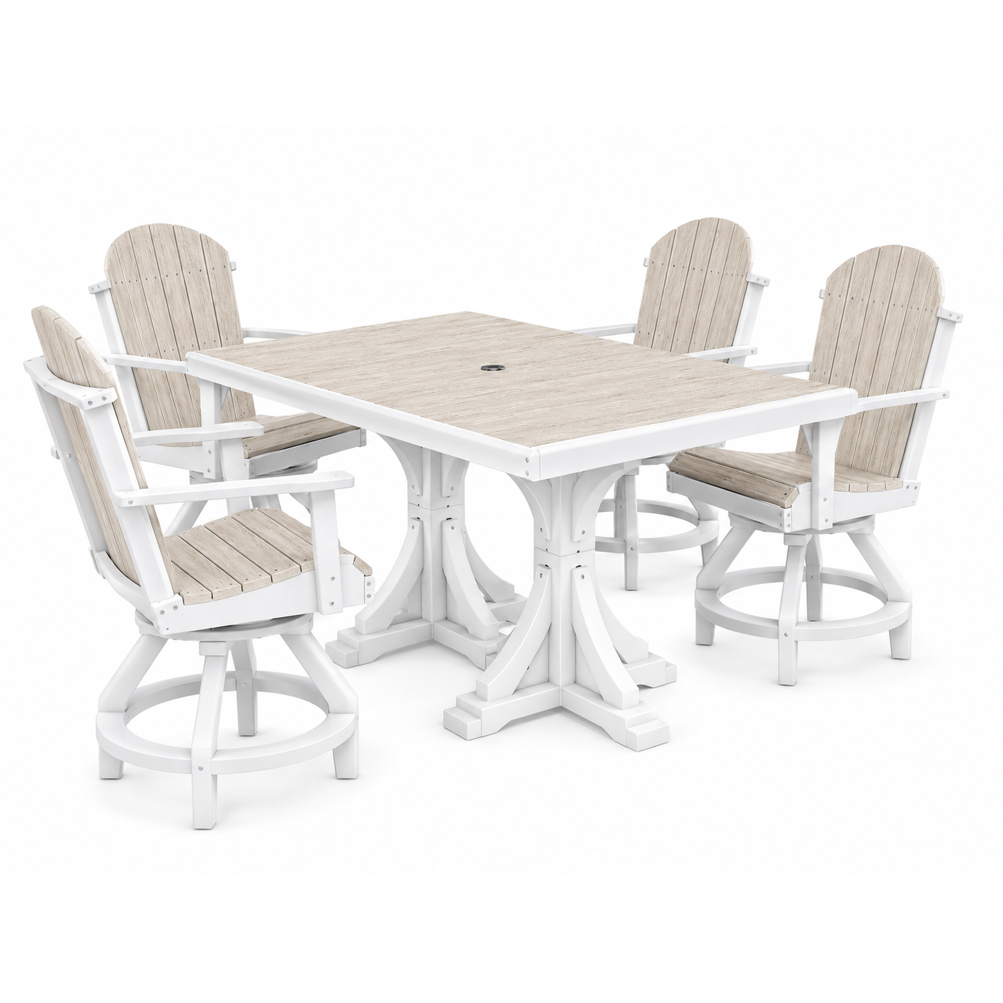 A 5-piece outdoor dining set featuring a square table with a light beige wood-look top and white frame, surrounded by four matching swivel chairs with beige slatted seats and white frames, shown on a solid white background.