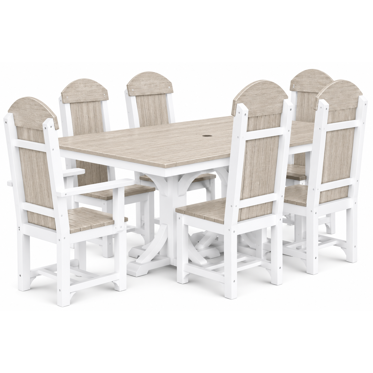 A 7-piece outdoor dining set featuring a rectangular table and six matching armchairs with white frames and light beige wood-look slats, shown on a white background.