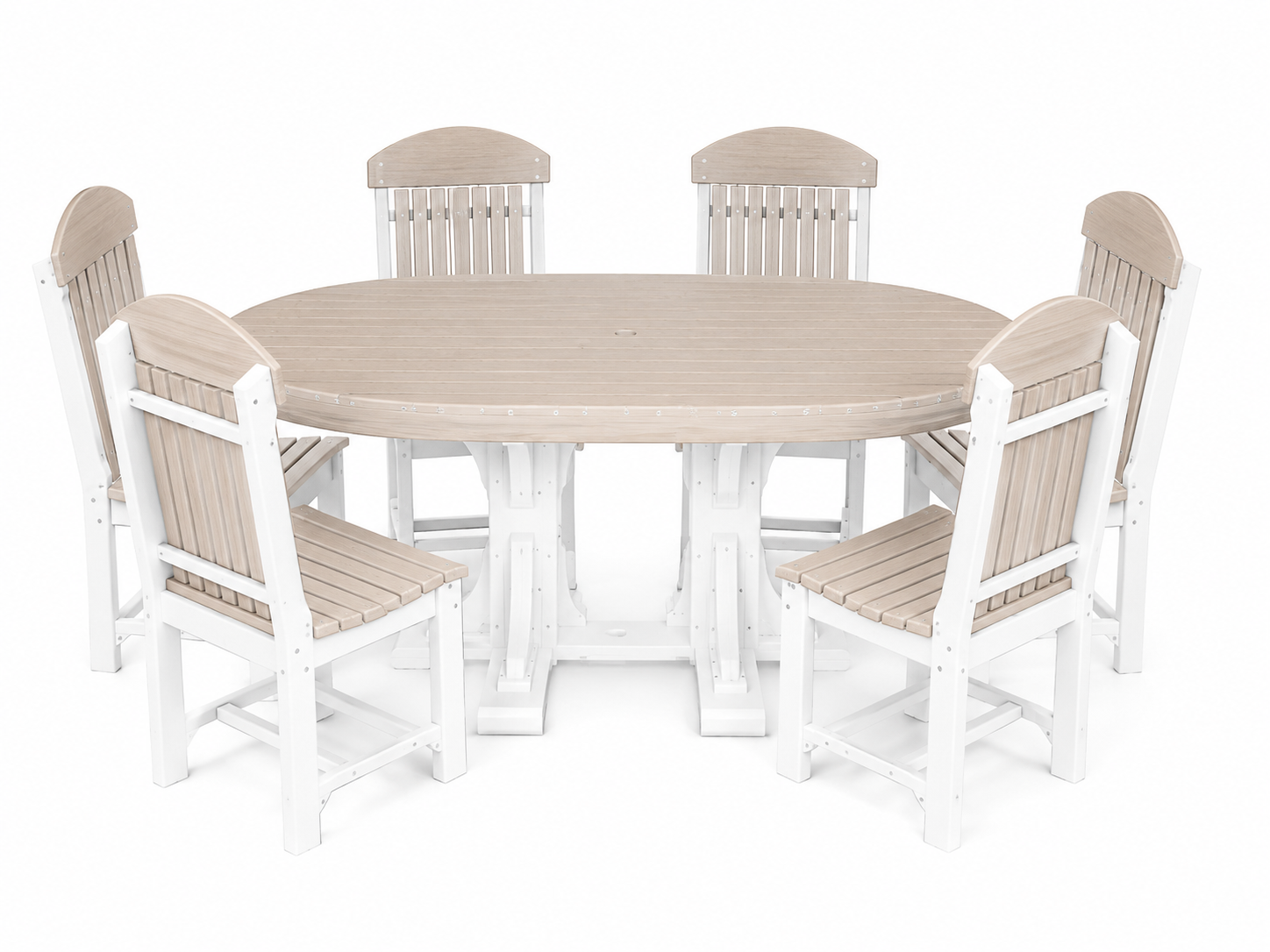 An eight-piece outdoor dining set featuring a round light beige table and six matching chairs with white frames and beige slatted backs and seats, shown on a solid white background.