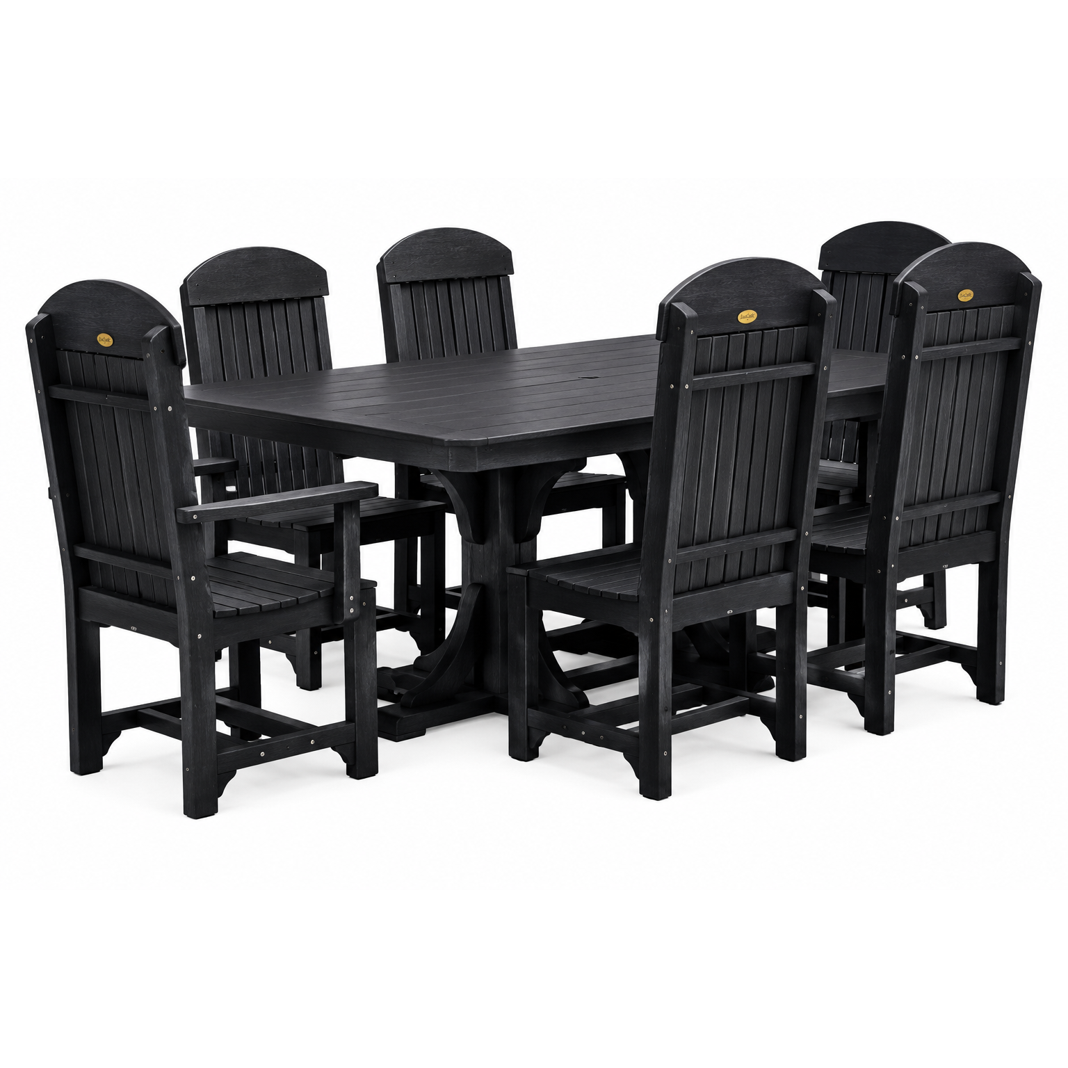 A 7-piece black outdoor dining set featuring a rectangular pedestal table and six matching high-back slatted chairs, shown on a plain white background.