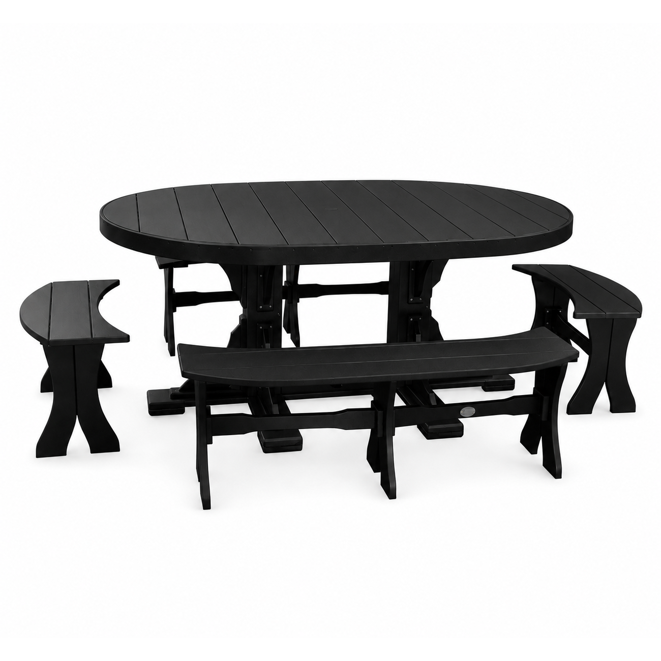 Black outdoor picnic table set with an oval slatted table and four matching bench seats, shown on a plain white studio background.