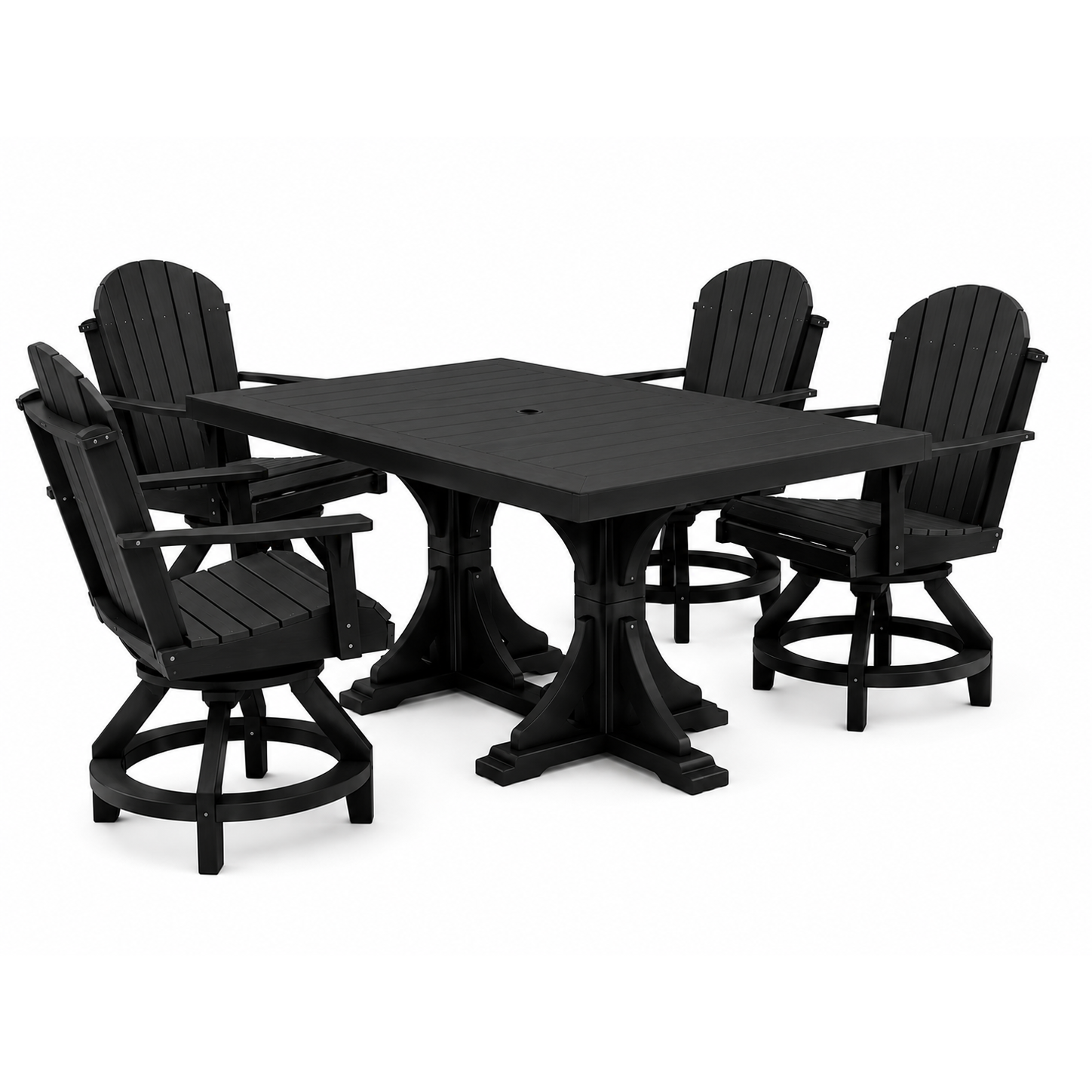 A 5-piece black outdoor dining set featuring a square pedestal table and four matching swivel Adirondack-style chairs, shown on a solid white background.