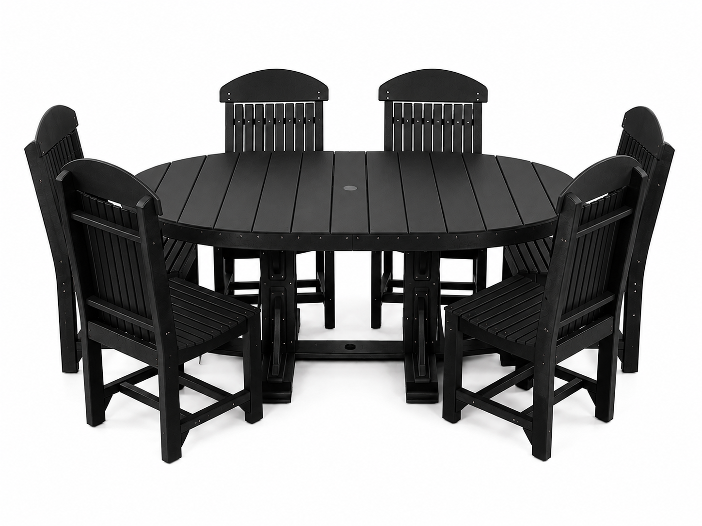 Black outdoor dining set featuring a round slatted table and six matching high-back chairs, shown on a plain white background.