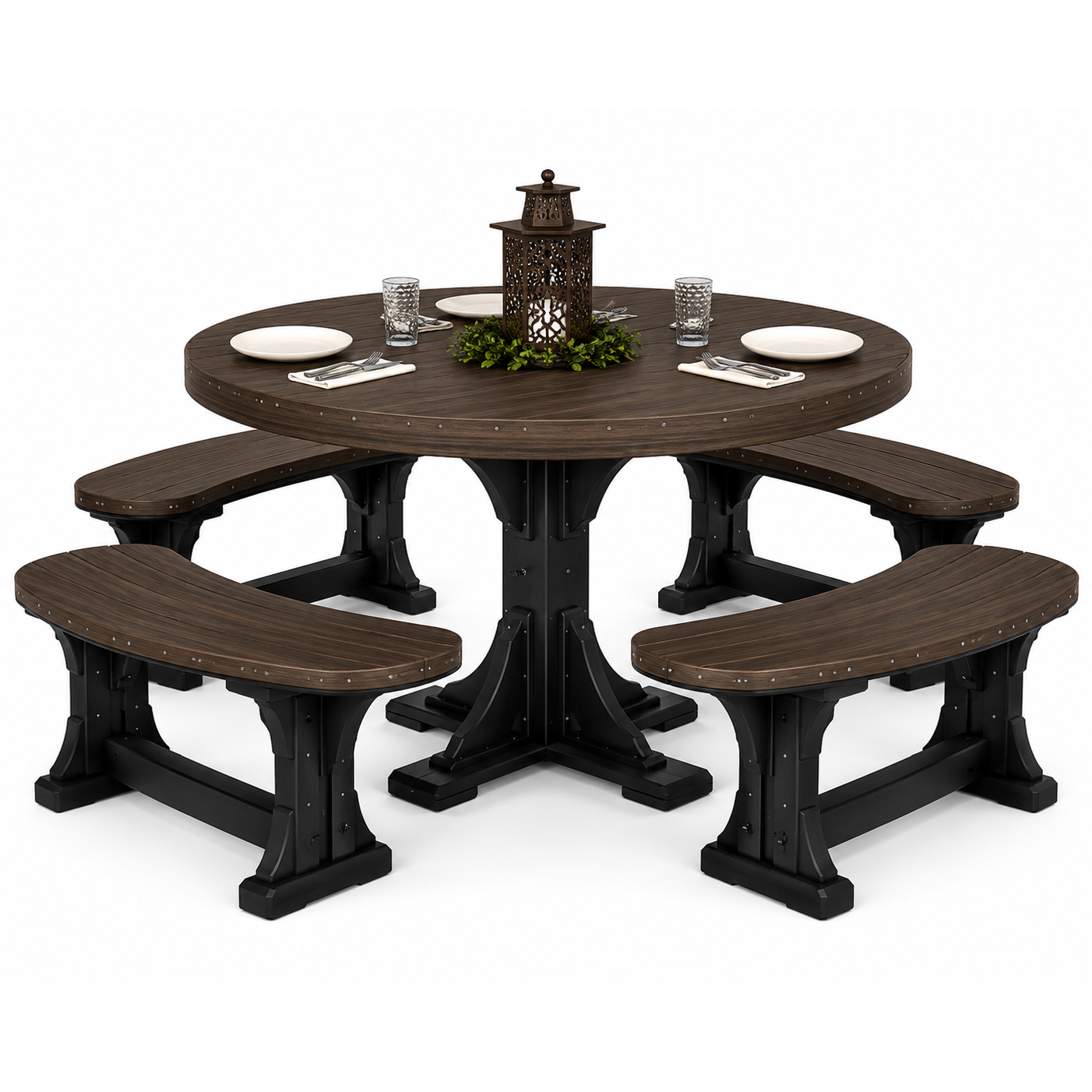 Round outdoor dining table set with four curved bench seats, shown on a clean white background. The table and benches have dark brown wood-look tops and black metal bases with decorative rivet details.