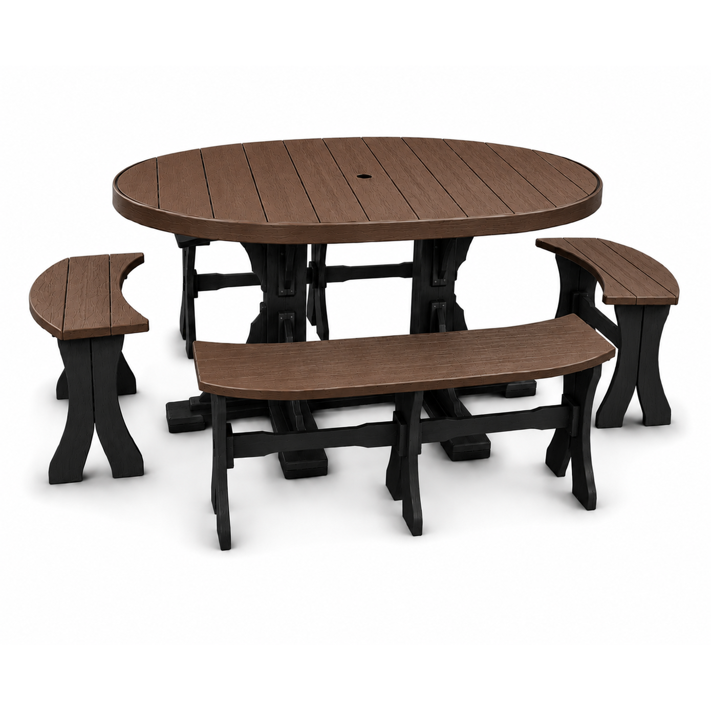 An outdoor dining set featuring an oval table and two matching curved benches with brown composite wood-look seats and black legs, shown on a white background.