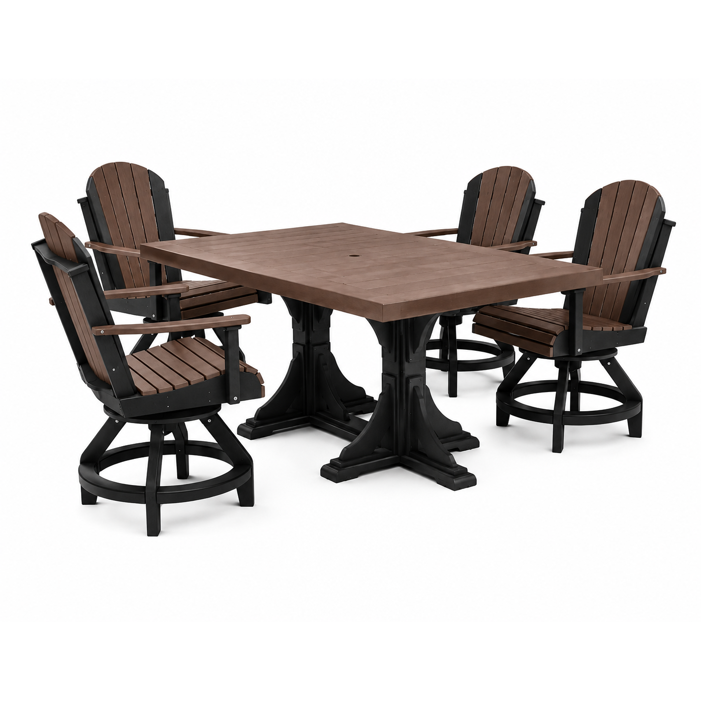 A 5-piece outdoor dining set featuring a rectangular dark brown table with a black pedestal base and four matching swivel Adirondack chairs with dark brown slats and black frames, shown on a white background.