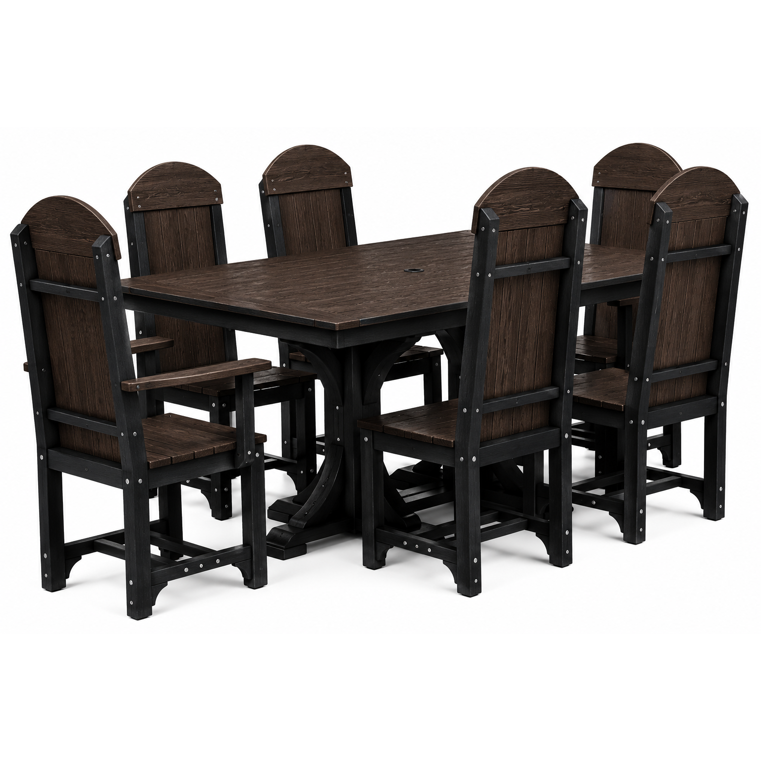 A 7-piece outdoor dining set featuring a rectangular dark brown wood table and six matching high-back chairs with dark brown wood slats and black metal frames, shown on a white background.