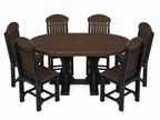 An outdoor dining set consisting of a round dark brown wooden table with a black metal pedestal base and six matching high-back chairs with brown slatted backs and seats on black frames, shown against a plain white background.