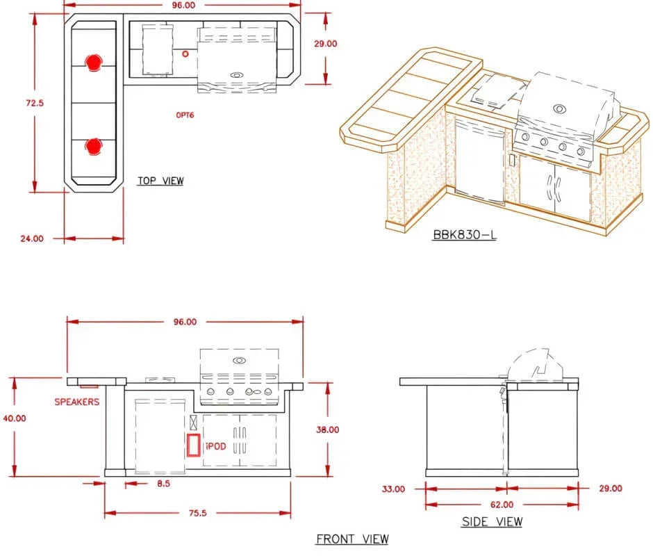 Cal Flame Malibu Q 8 Ft. L-Shaped BBQ Grill Island BBK-830
