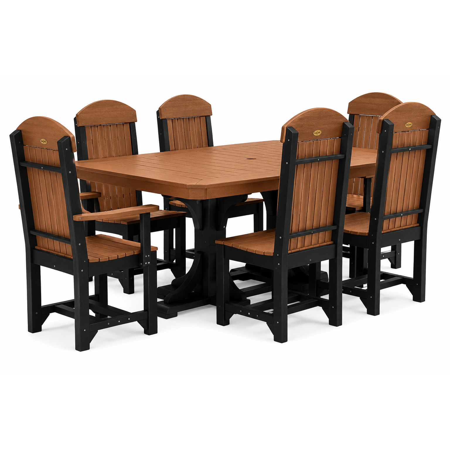 A 7-piece outdoor dining set featuring a rectangular table and six matching high-back chairs with brown composite wood-look slats and black frames, shown on a white background.