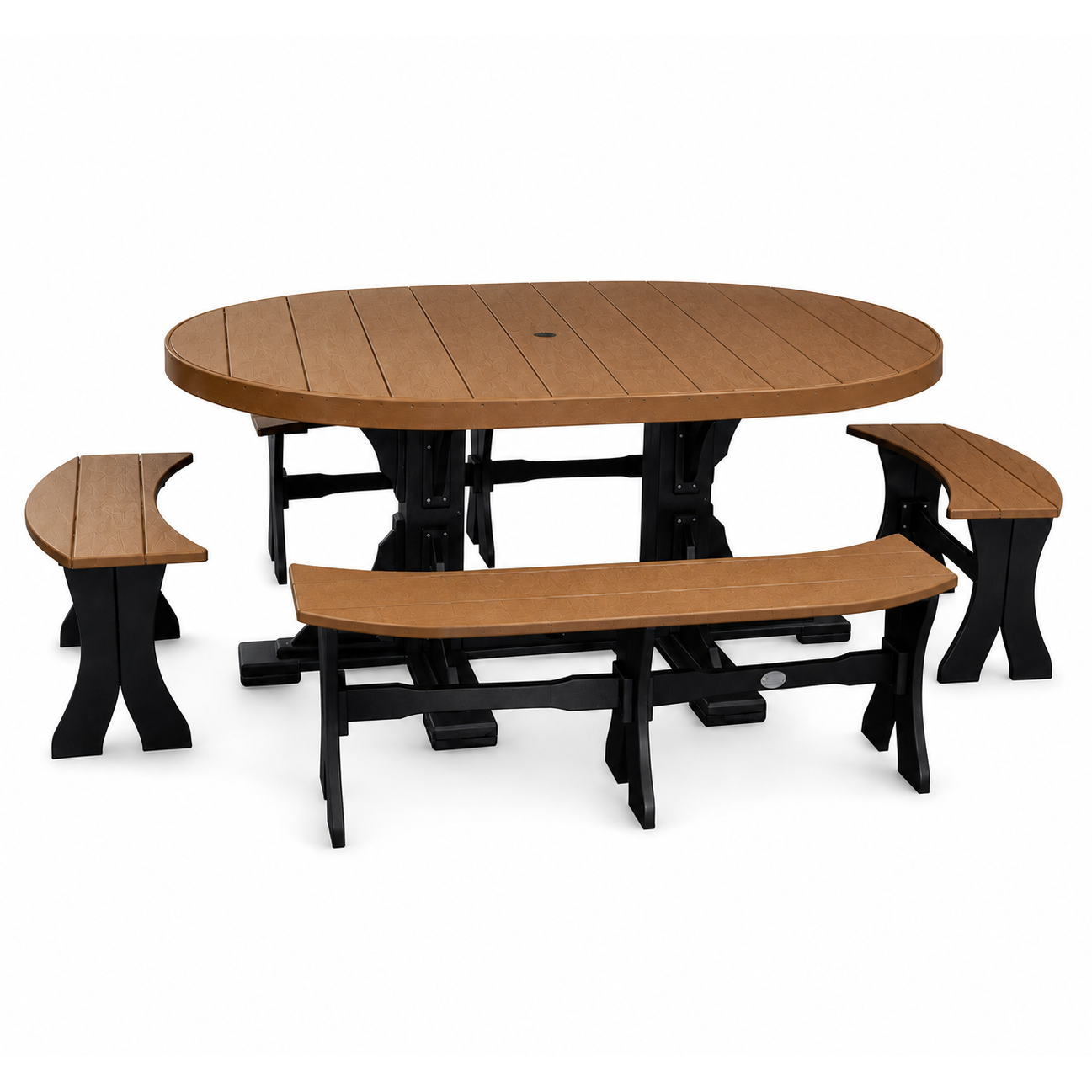 An oval outdoor picnic table set with two matching bench seats, featuring a warm brown composite wood-look top and black metal frame legs, shown on a plain white background.