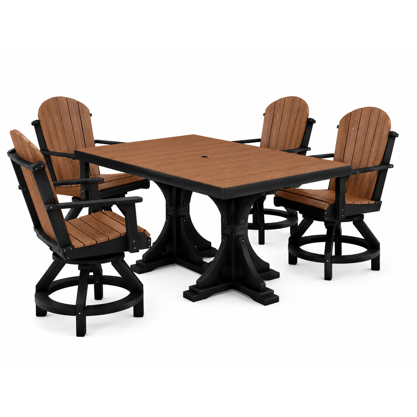 A 5-piece outdoor dining set featuring a rectangular table with a brown composite wood top and black frame, surrounded by four matching swivel chairs with brown slatted seats and backs and black frames, shown on a solid white background.