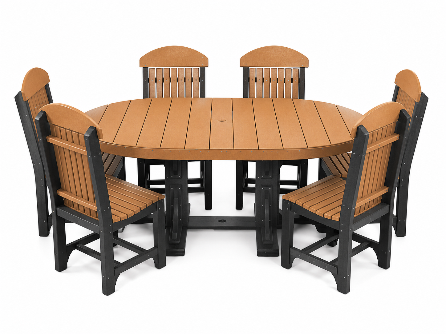 An outdoor dining set featuring a round slatted table and six matching armchairs with tan slatted seats and backs and black frames, shown on a white background.