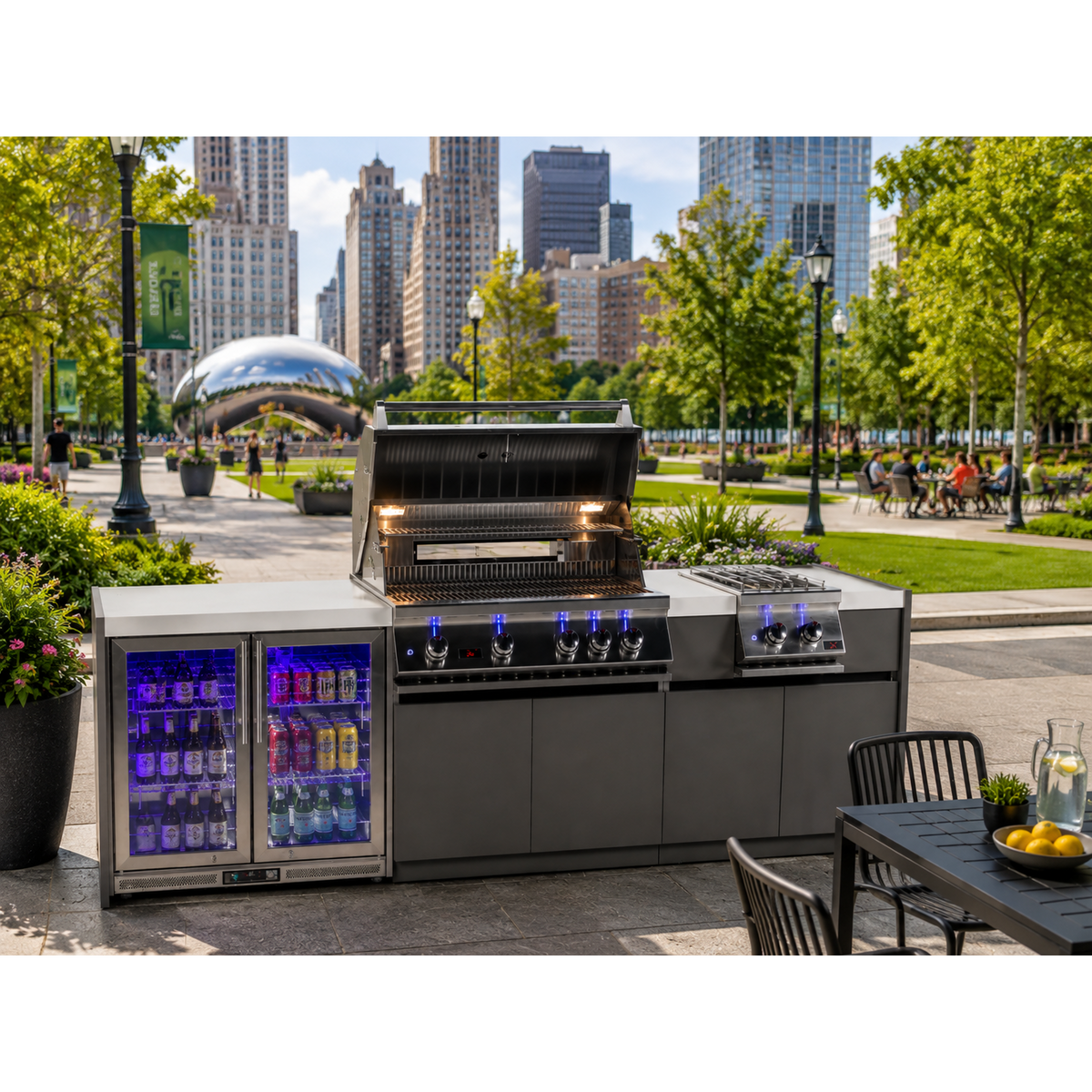 Whistler 102 x 28-Inch 4-Burner Gas Grill Island with Infrared Rear Burner, Refrigerator, Double Side Burner, and Rotisserie Kit