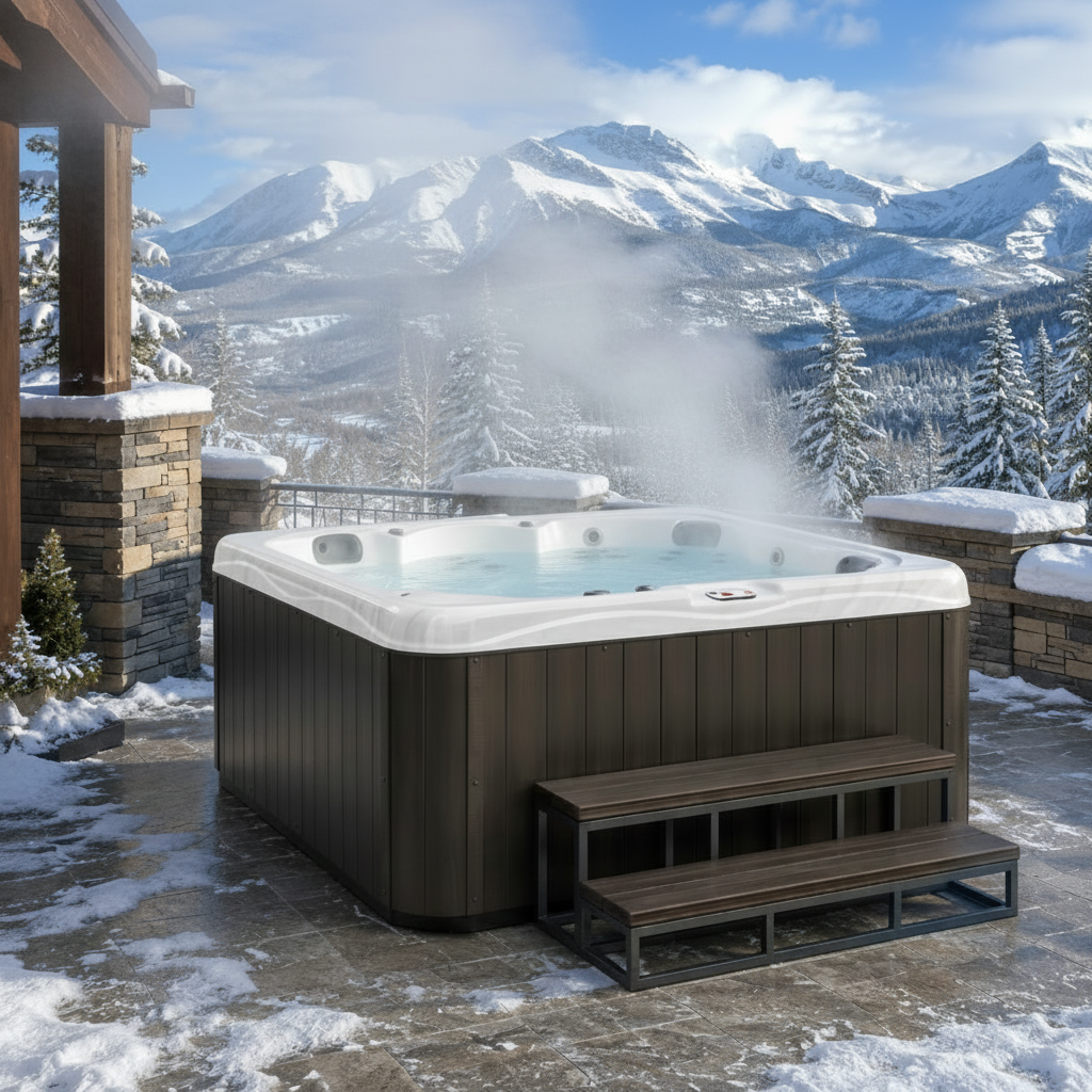 A dark brown outdoor hot tub with a white interior sits on a stone patio with snowy mountains and pine trees in the background.