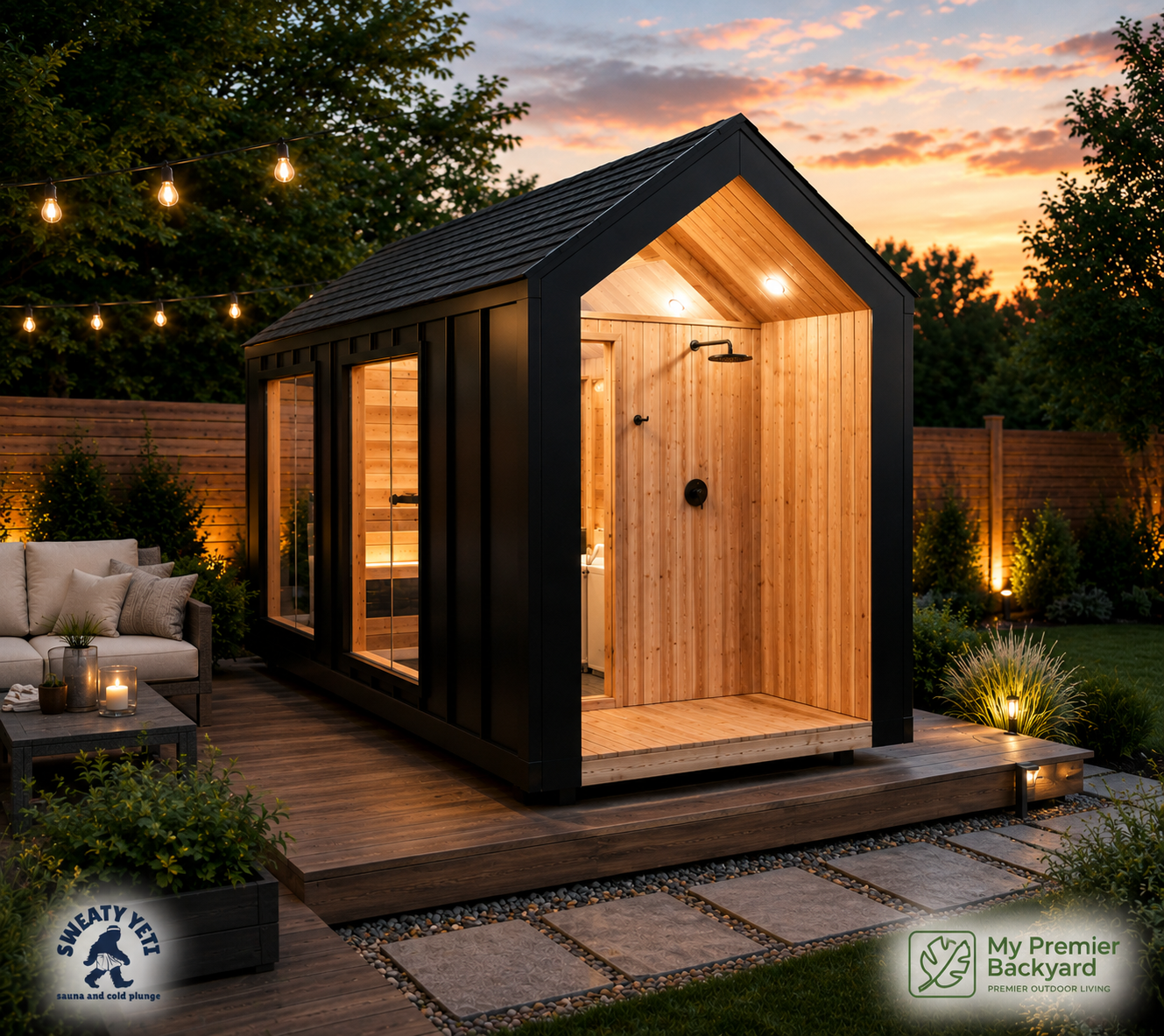 A modern small outdoor cabin or sauna with a black metal frame and light wood interior, shown on a raised wooden deck in a landscaped backyard at dusk. The scene includes string lights, a sofa, plants, a fence, and a sunset sky.