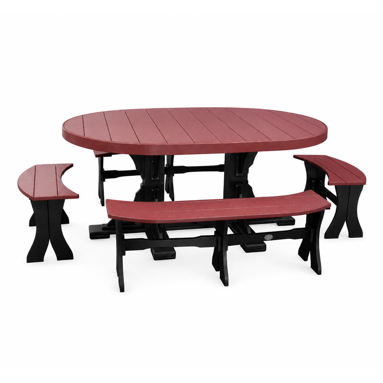 An outdoor picnic table set with an oval red table and two matching red benches with black legs, shown on a plain white background.