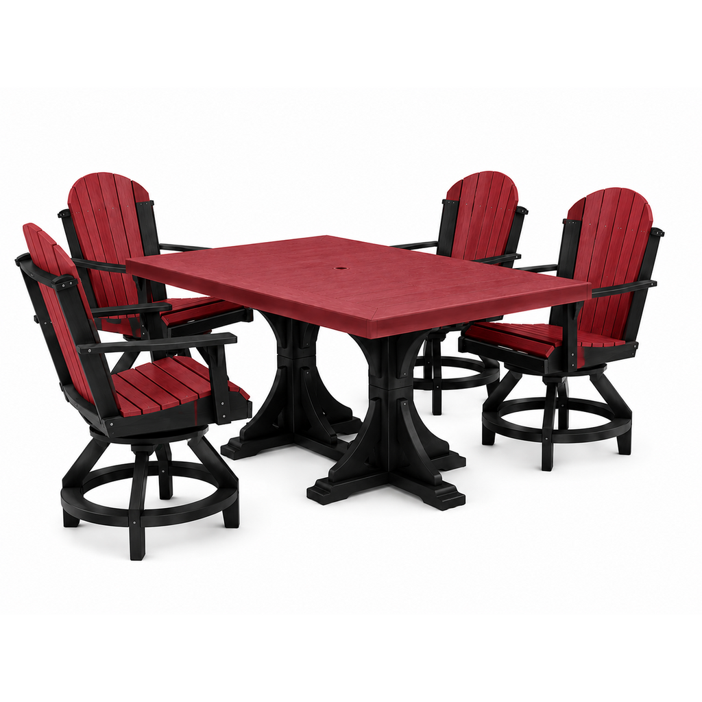 A 5-piece outdoor dining set featuring a square black pedestal table and four matching Adirondack-style swivel chairs with red cushions, shown on a solid white background.
