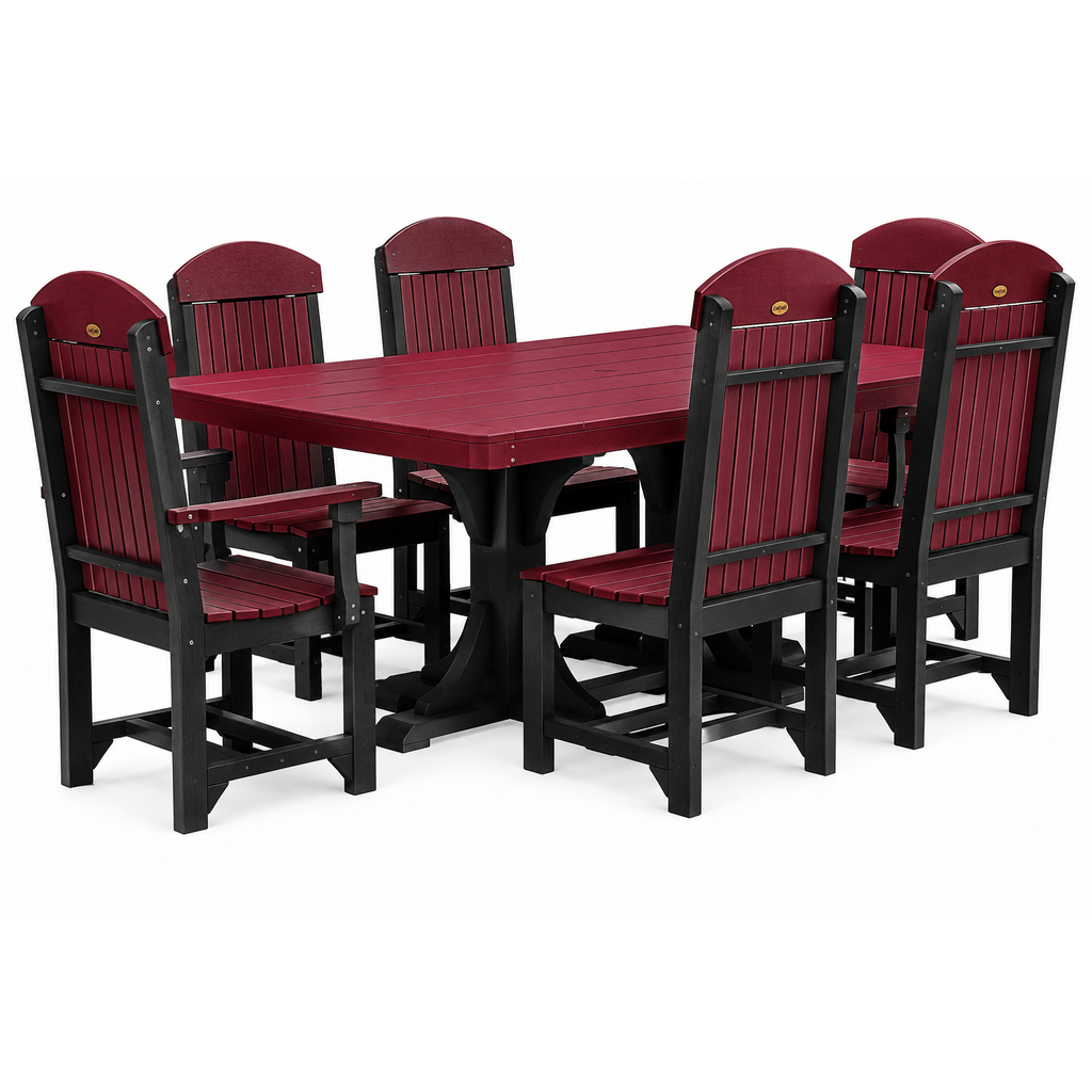 A 7-piece outdoor dining set featuring a rectangular table and six matching high-back chairs with dark frames and burgundy red slatted seats and backs, shown on a white background.