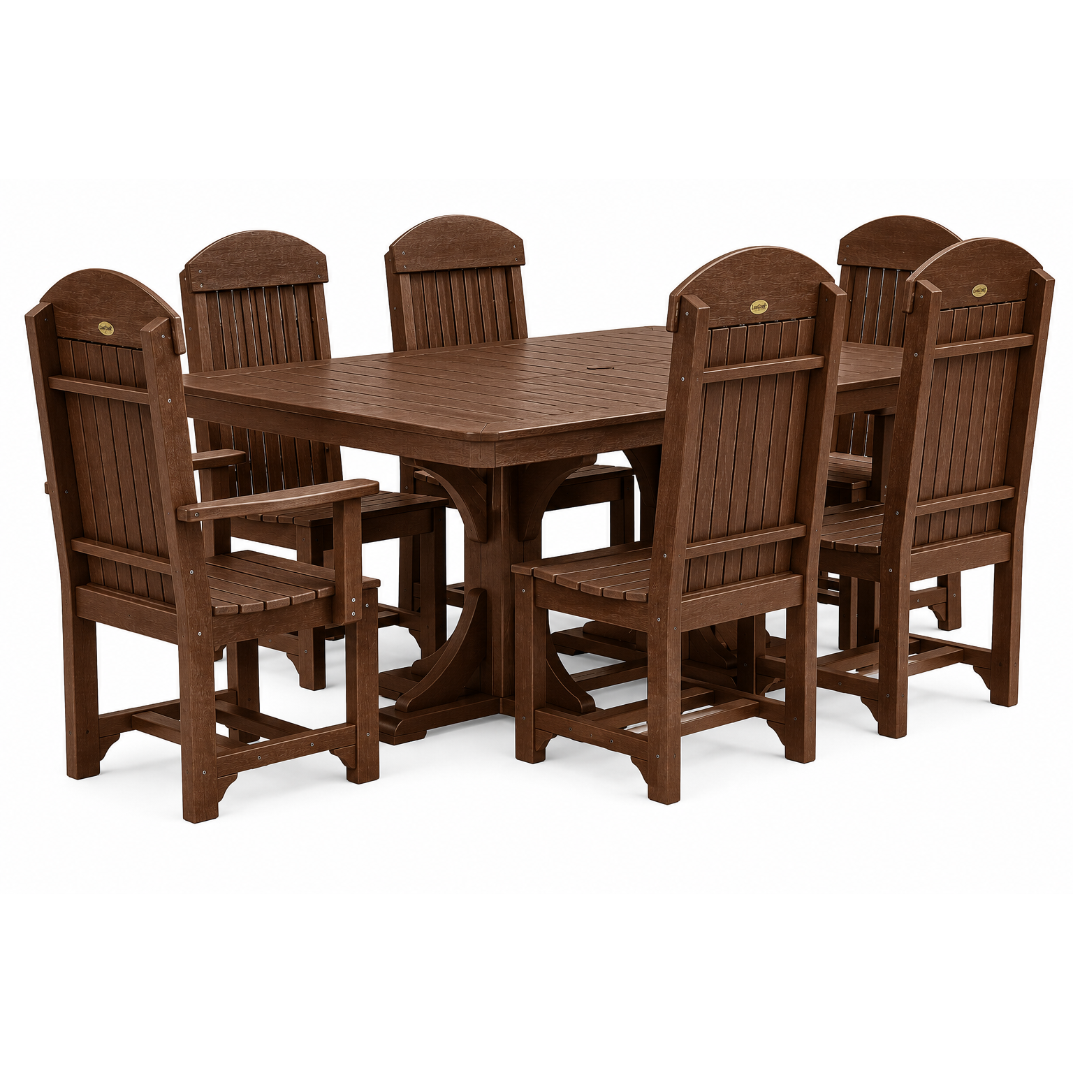 A 7-piece outdoor dining set featuring a rectangular table and six matching high-back chairs in a rich brown finish, shown against a plain white background.
