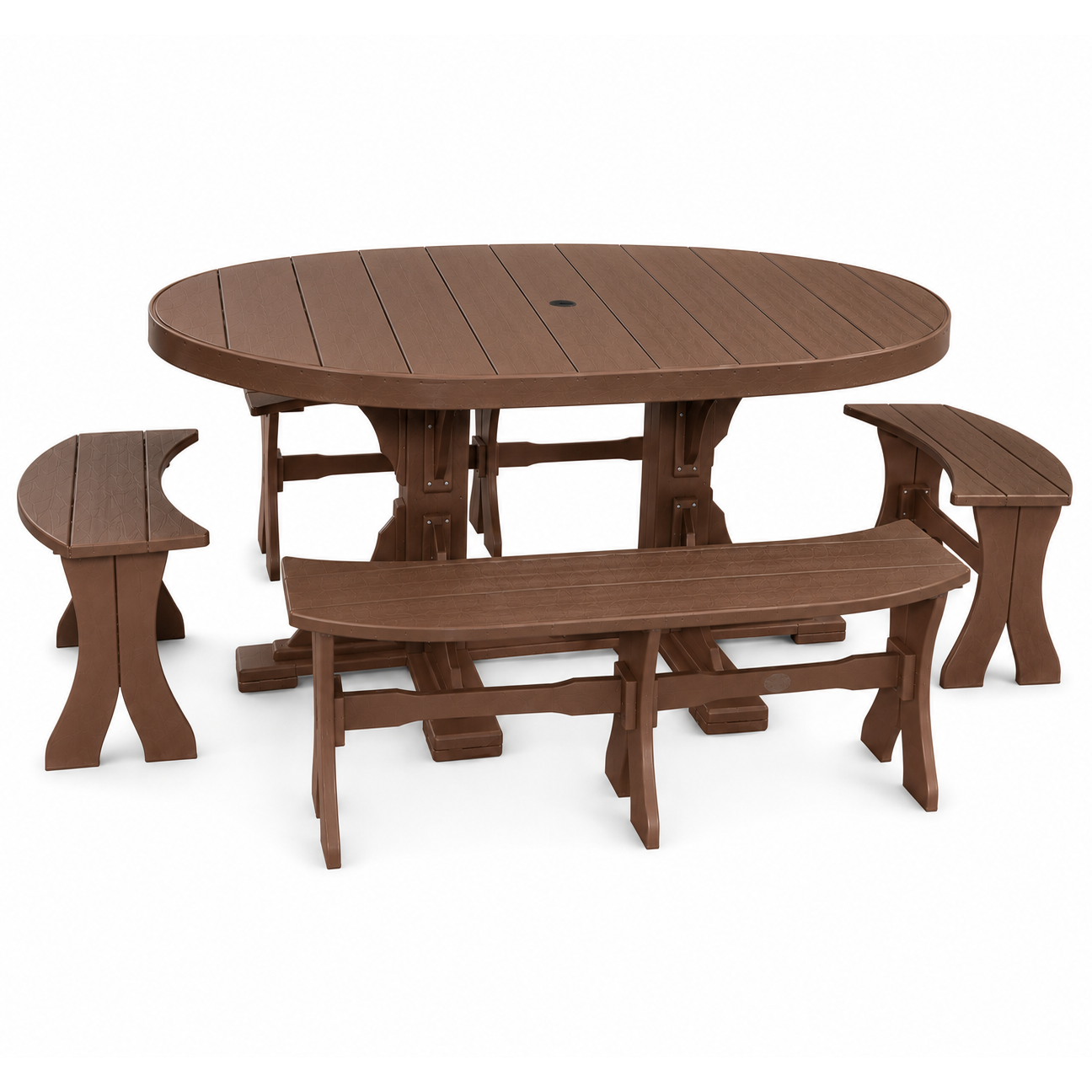 An oval outdoor dining table set with two matching bench stools, shown on a clean white background.