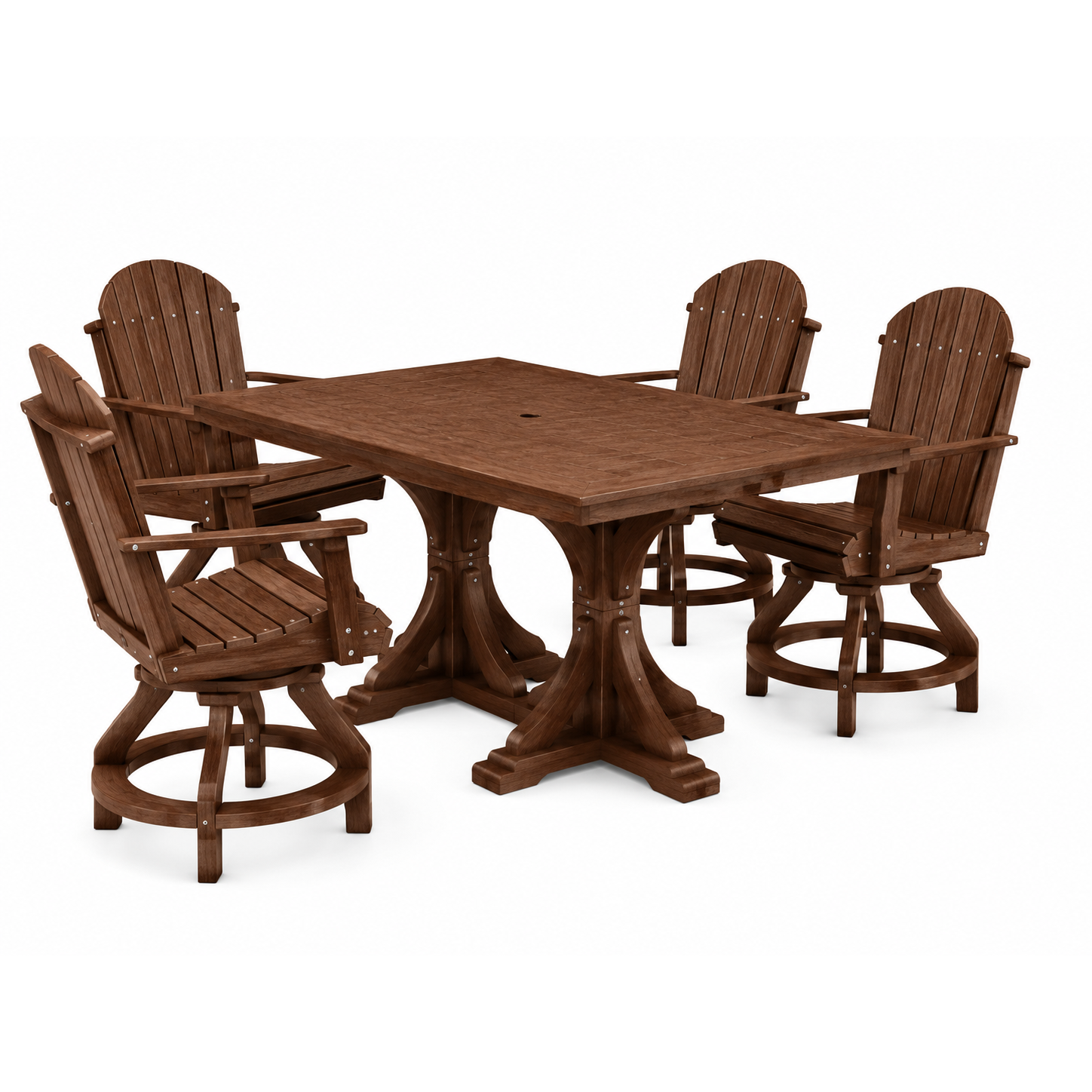 A 5-piece outdoor dining set featuring a square wooden table and four matching swivel Adirondack chairs, all in a warm brown finish, shown on a white background.