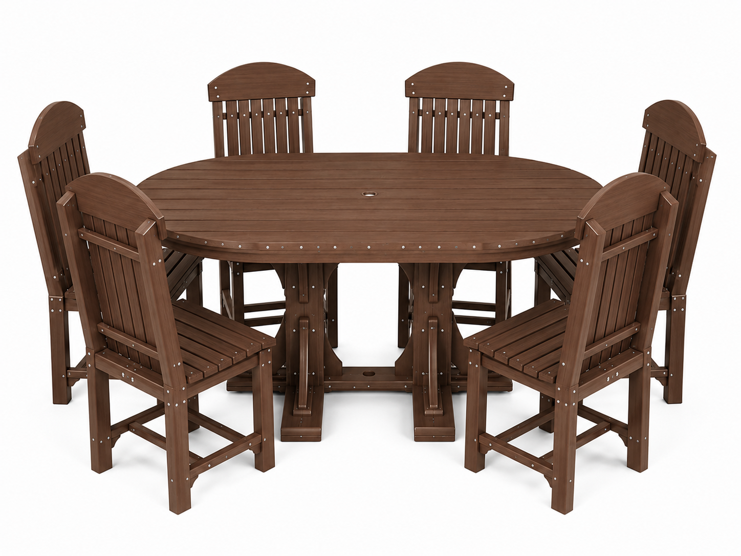 An oval outdoor dining table with six matching slatted chairs, shown on a plain white background. The furniture is finished in a warm medium brown tone with visible rivet details on the table apron and chair joints.