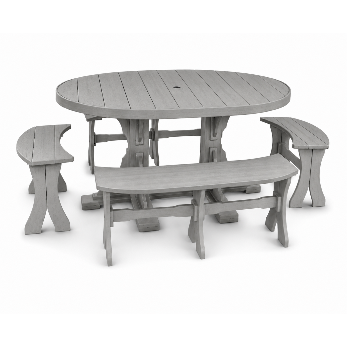 An outdoor dining set consisting of an oval slatted table and three matching curved benches in a uniform light gray color, shown on a plain white background.