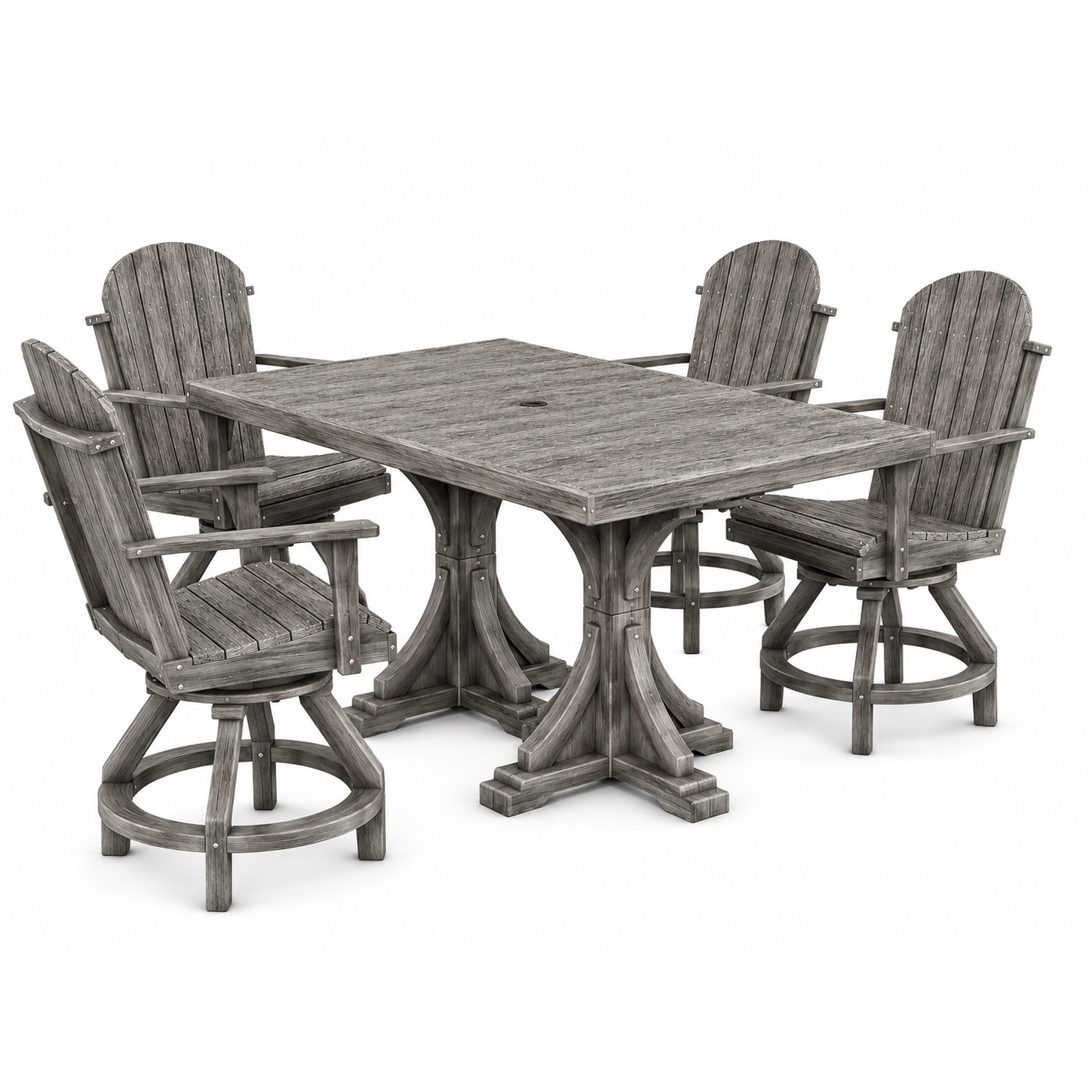 A 5-piece outdoor dining set featuring a square wooden table and four matching swivel Adirondack chairs, all in a warm brown finish, shown on a white background.
