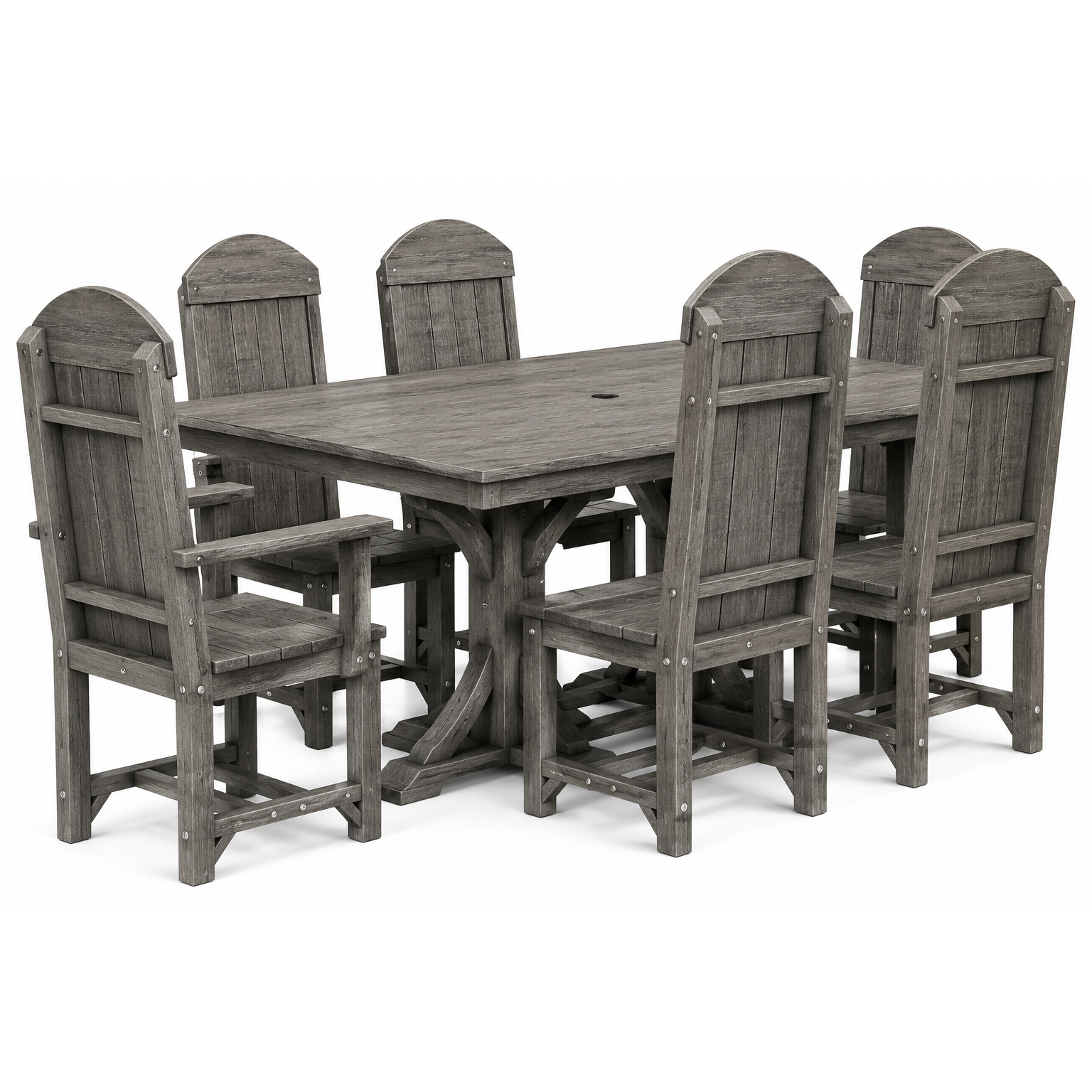 A 7-piece outdoor dining set featuring a rectangular weathered gray wooden table and six matching high-back chairs with arched backs, shown on a white background.