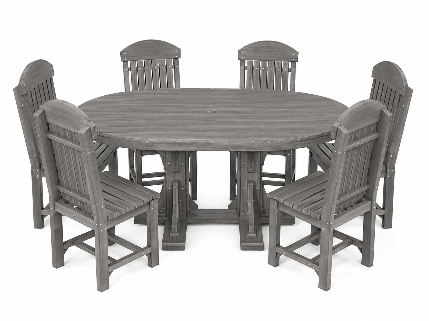 A 7-piece gray outdoor dining set featuring an oval slatted table and six matching high-back chairs, shown against a plain white background.