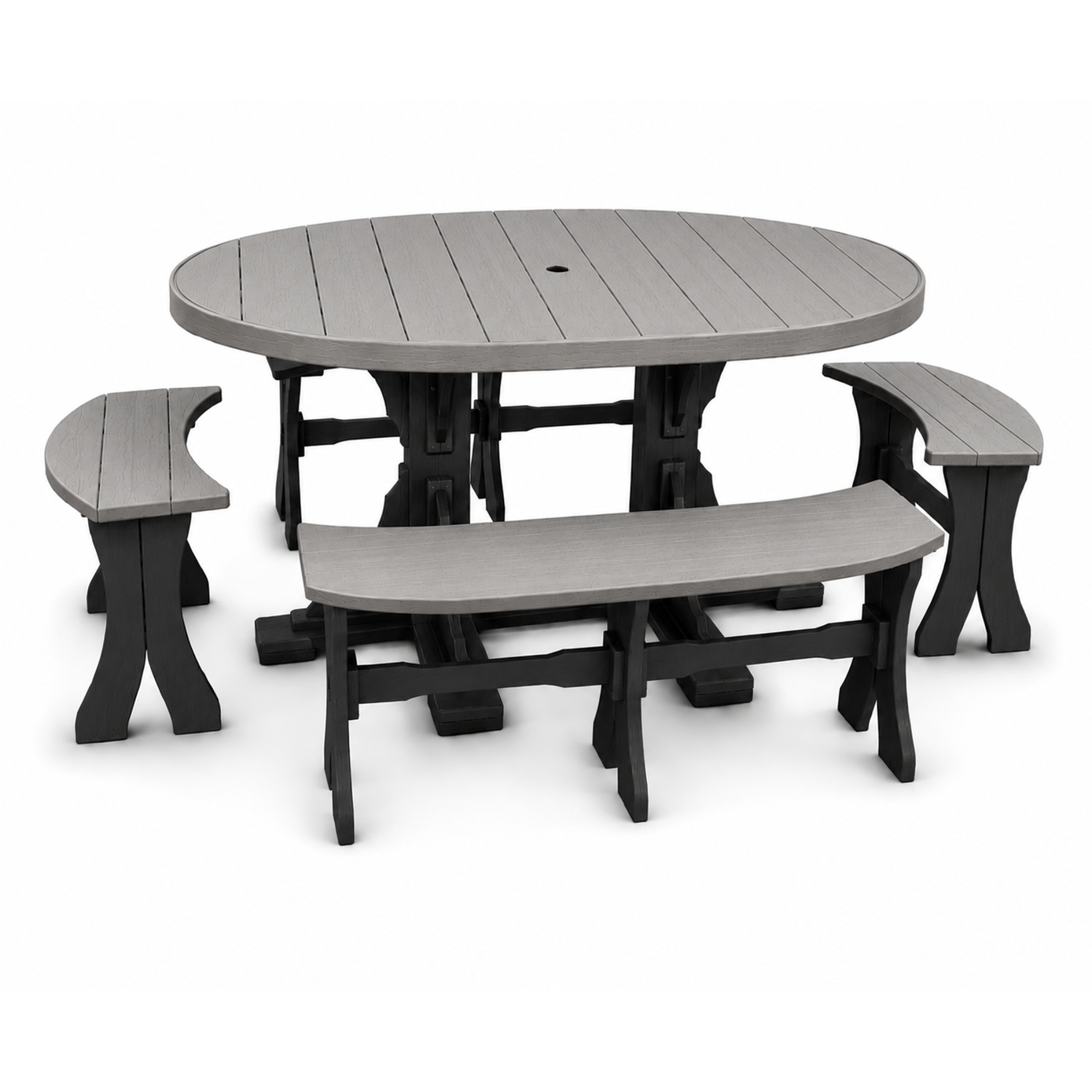 An outdoor round picnic table set with a gray slatted tabletop and four matching curved benches with dark gray to black legs, shown on a white background.