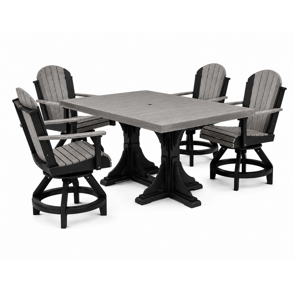 A 5-piece outdoor dining set featuring a square gray table with black pedestal legs and four matching gray slatted swivel chairs with black frames, shown on a white background.