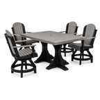 A 5-piece outdoor dining set featuring a square gray table with black pedestal legs and four matching gray slatted swivel chairs with black frames, shown on a white background.