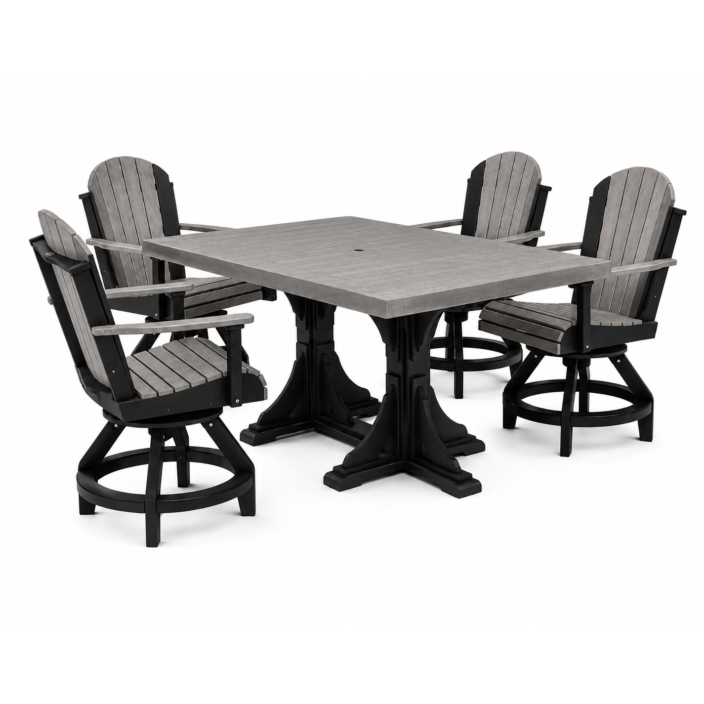 A 5-piece outdoor dining set featuring a square gray table with black pedestal legs and four matching gray slatted swivel chairs with black frames, shown on a white background.