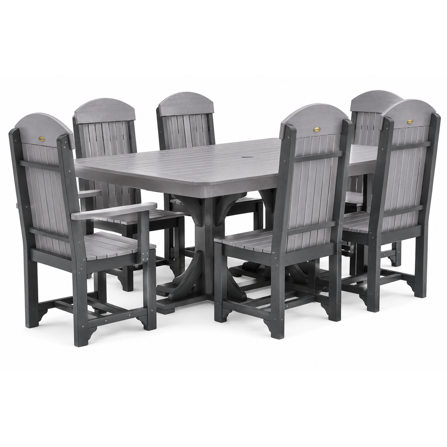 A 7-piece outdoor dining set featuring a rectangular table and six matching high-back chairs in a uniform gray color, shown against a plain white background.