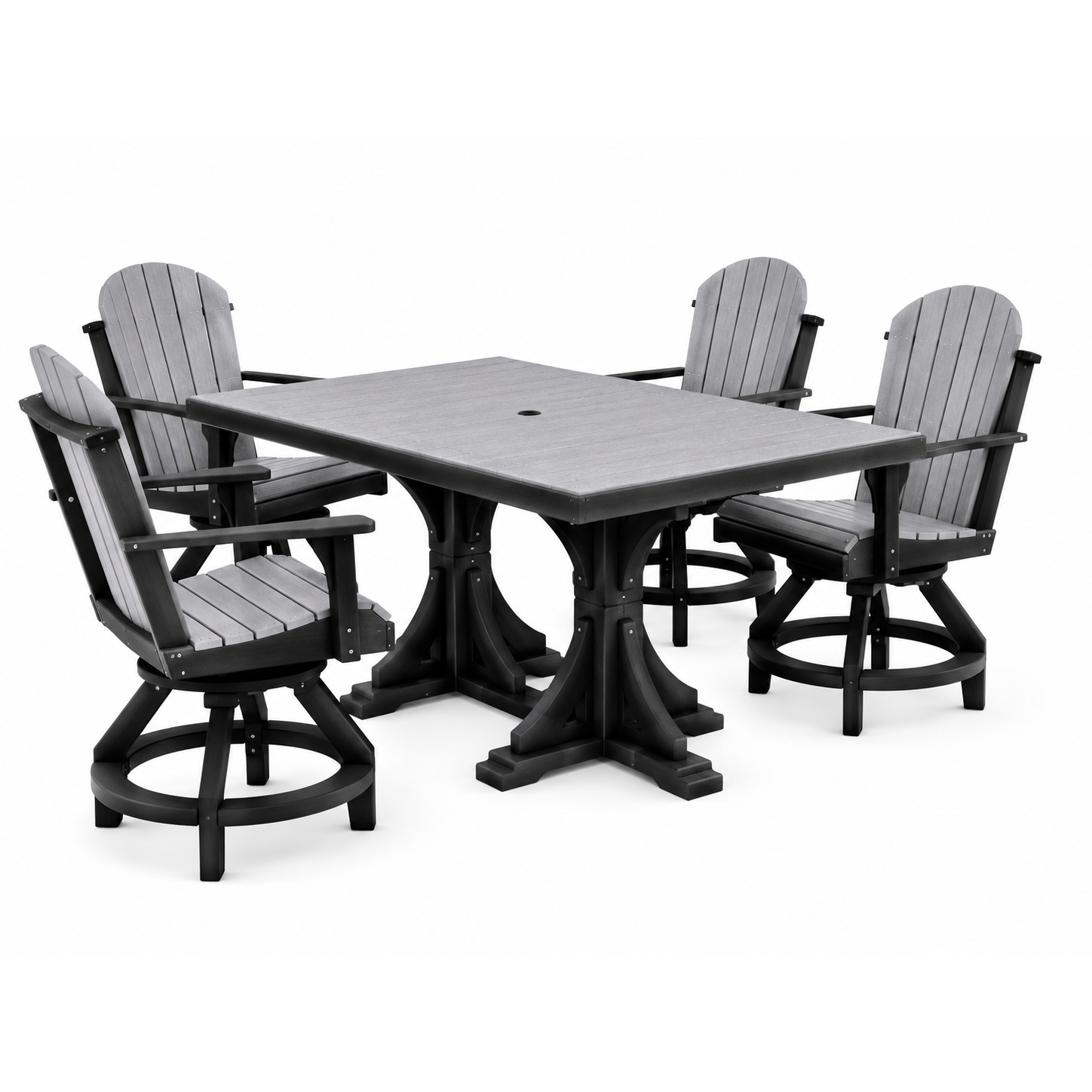 A 5-piece outdoor dining set featuring a square dark gray table with a black pedestal base and four matching swivel chairs with gray slatted seats and backs, shown on a white background.