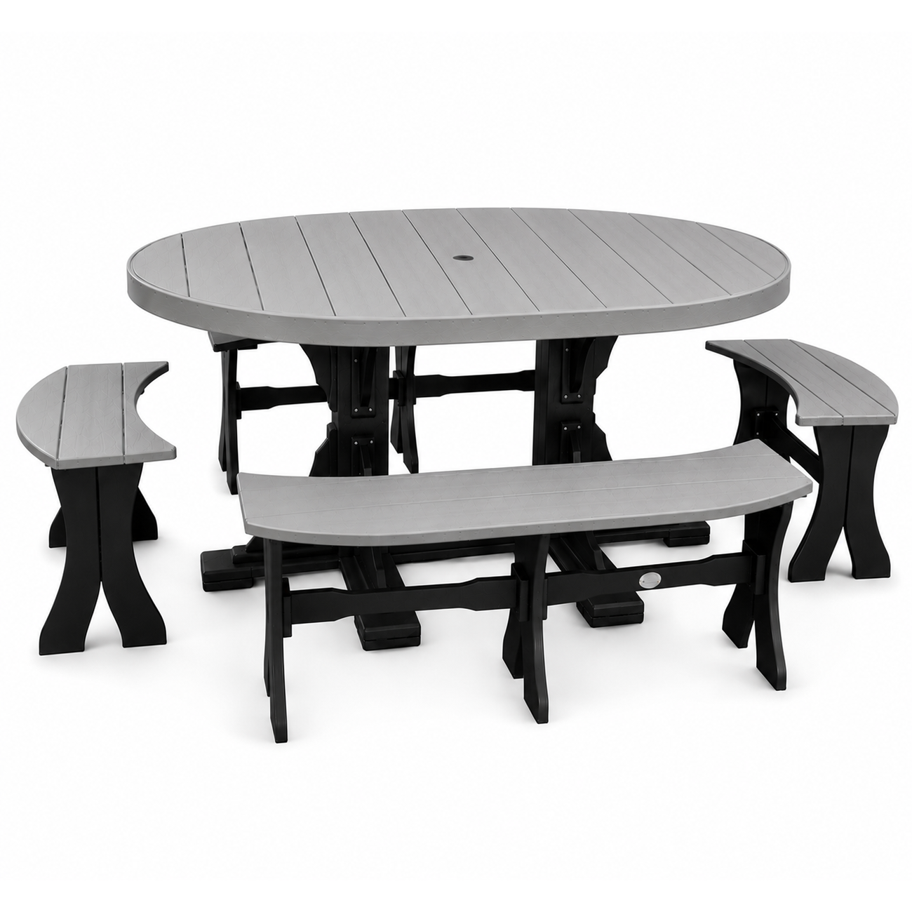 An outdoor picnic table set with a round gray table and two matching gray-and-black benches on a clean white background.