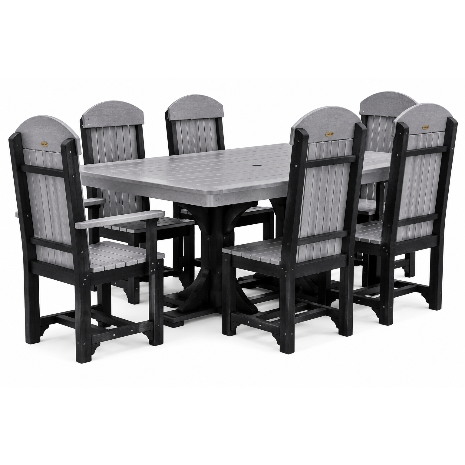 A 7-piece outdoor dining set featuring a rectangular table and six matching high-back chairs with gray slatted seats and backs on a black frame, shown on a white background.