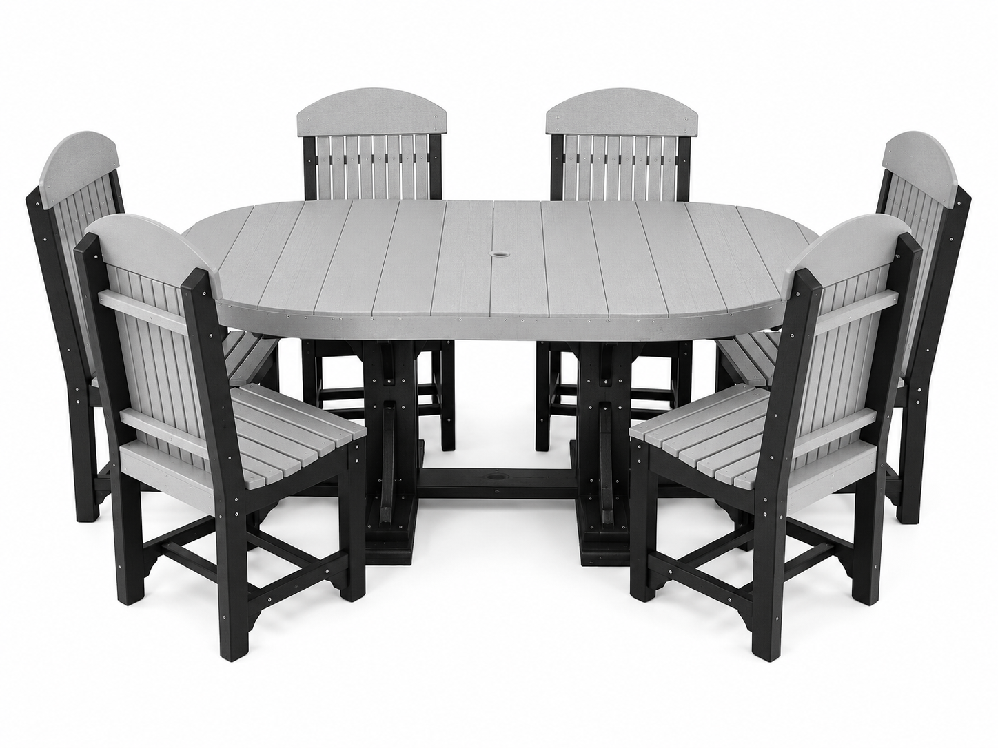 An outdoor dining set consisting of a round gray slatted table and six matching gray-and-black chairs, shown on a plain white background.