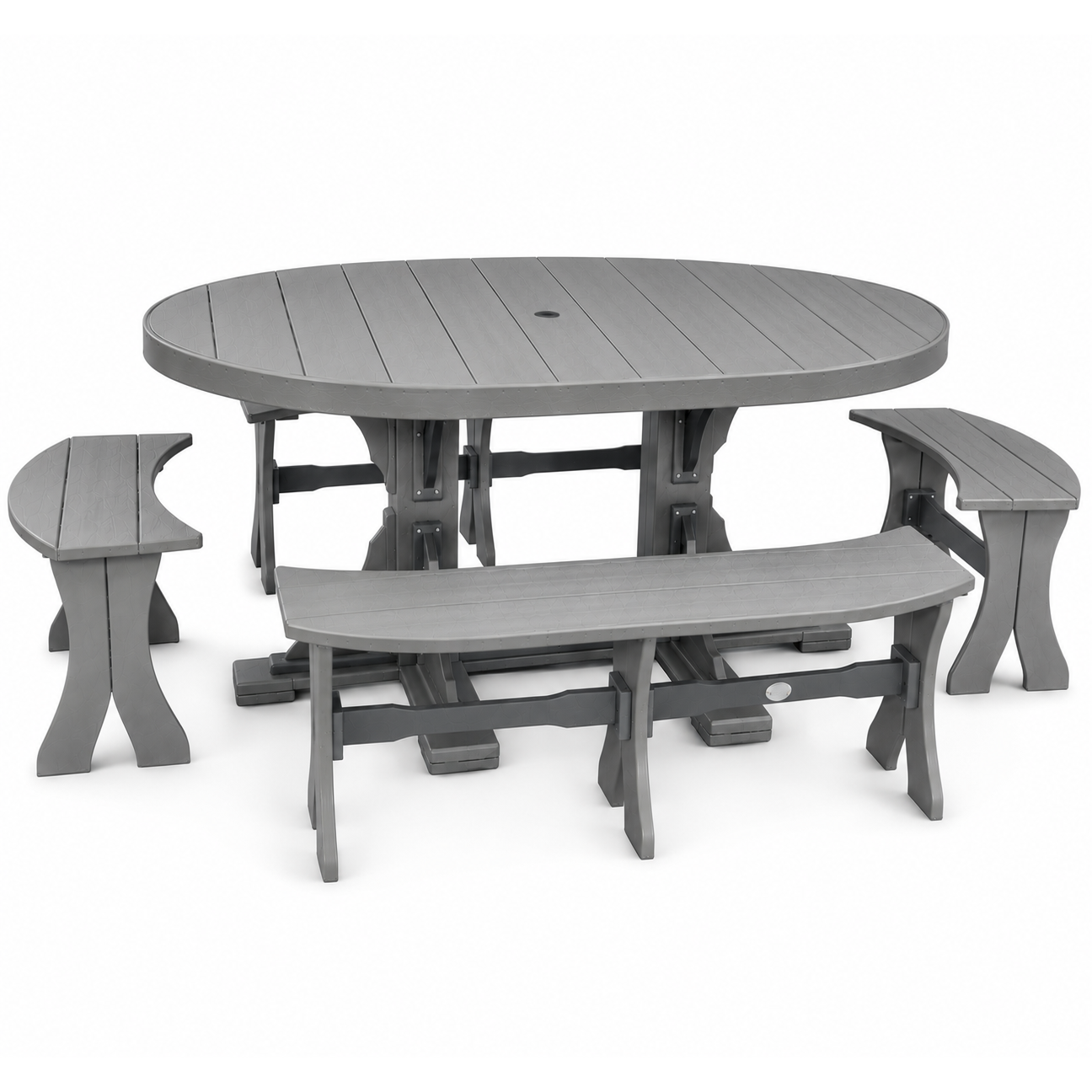 An outdoor dining set consisting of an oval gray table and three matching gray benches, shown on a clean white background.